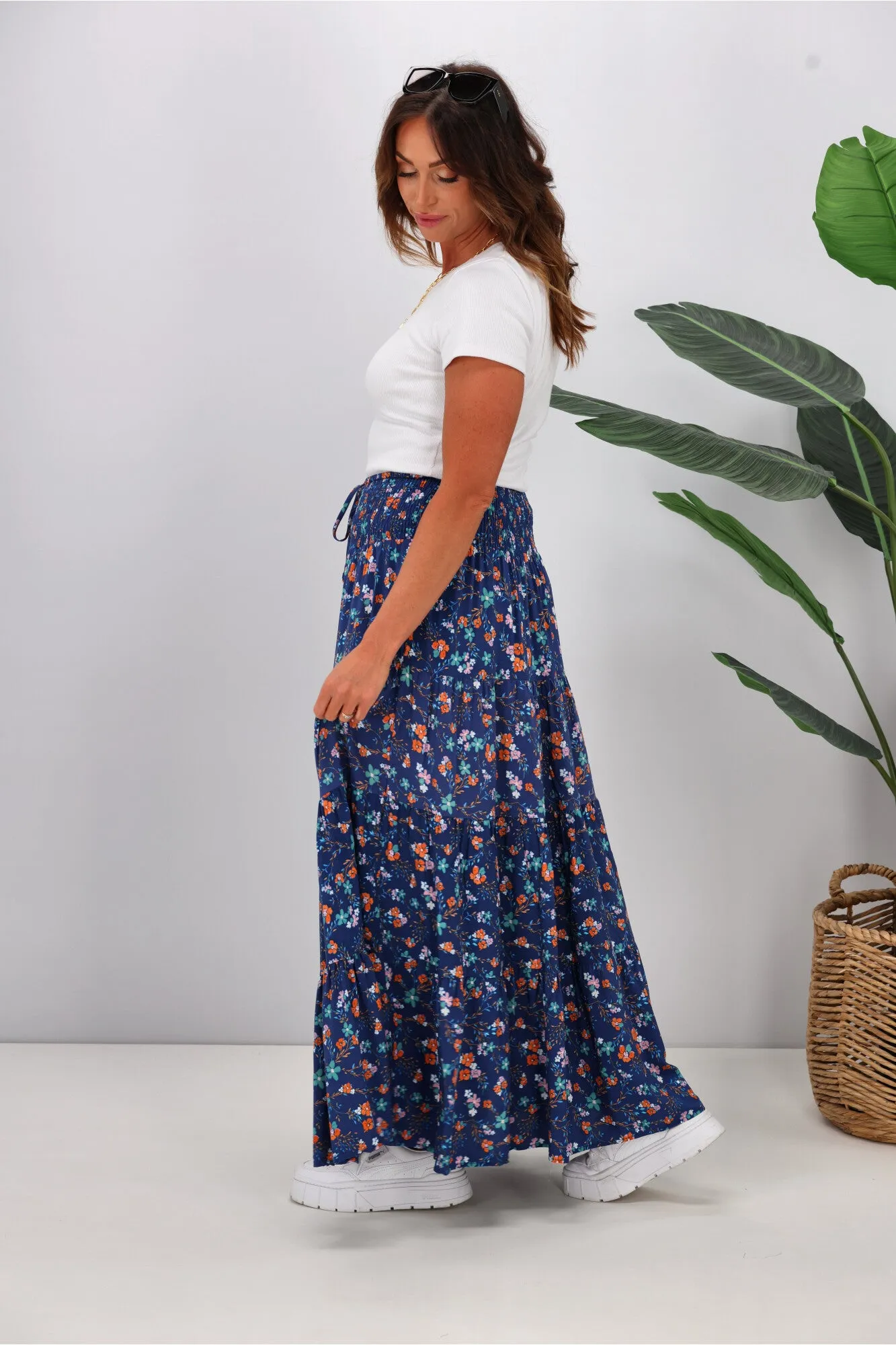New U Collection Ditsy Floral Blue Maxi Skirt