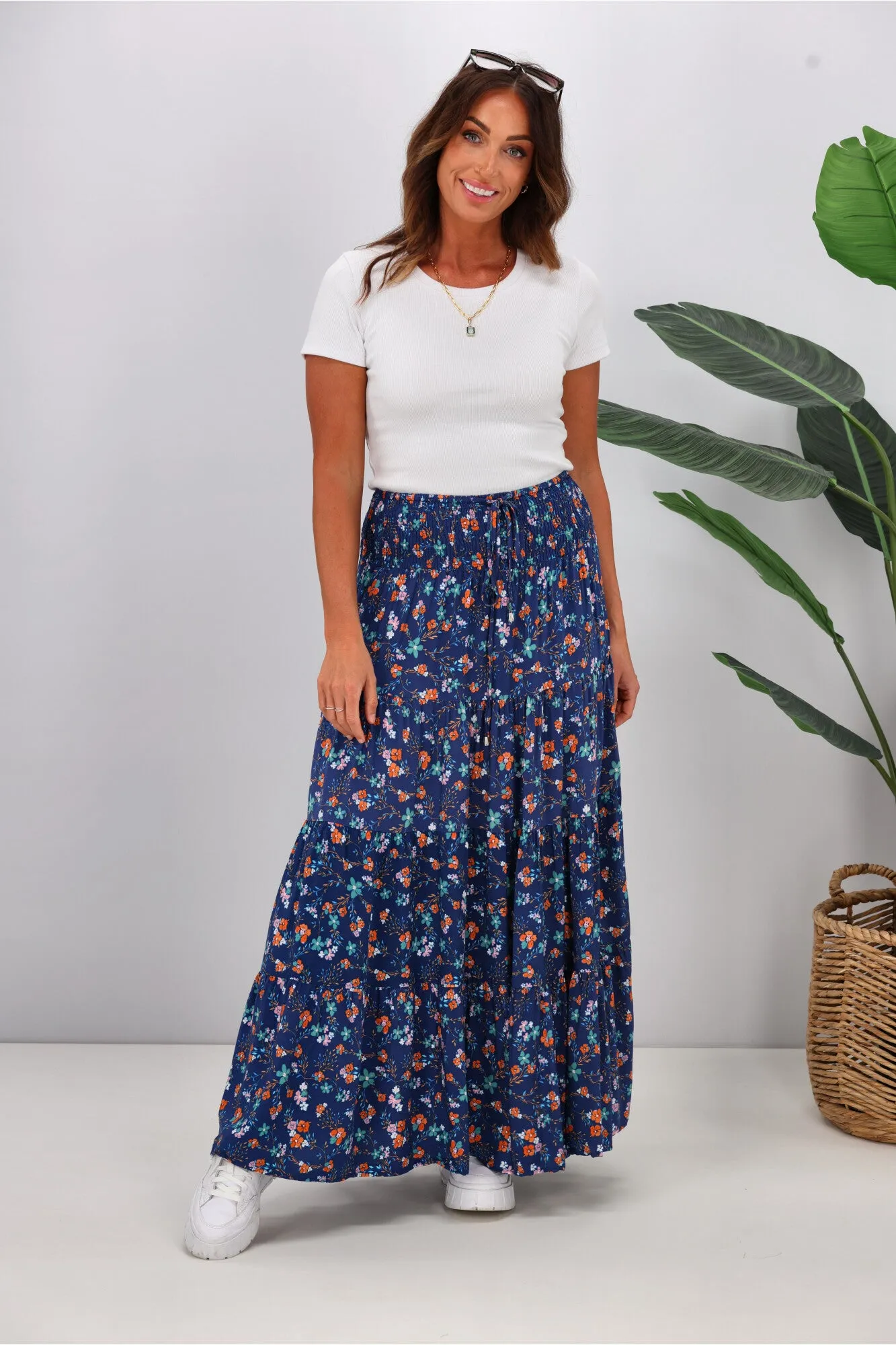 New U Collection Ditsy Floral Blue Maxi Skirt