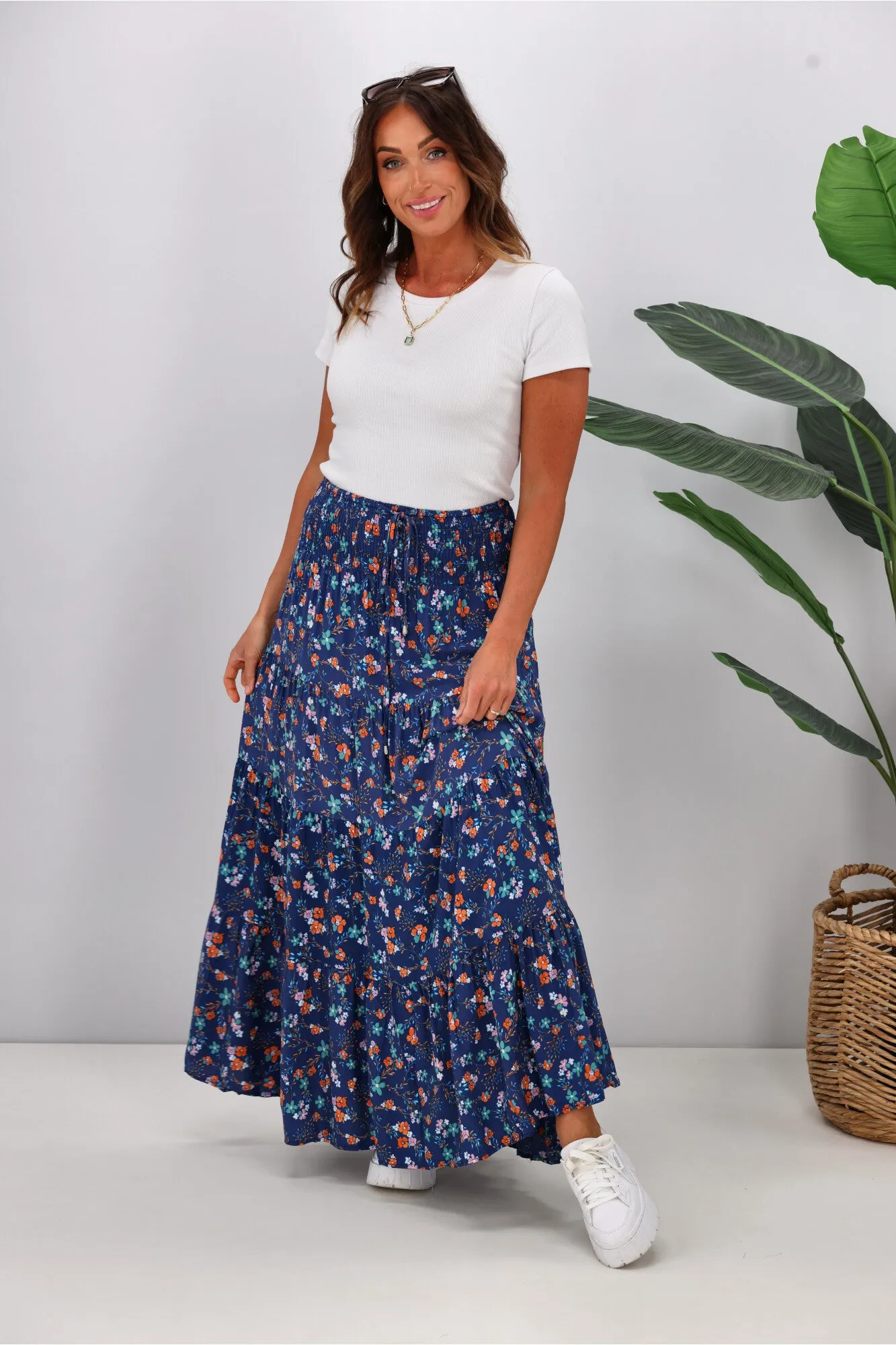 New U Collection Ditsy Floral Blue Maxi Skirt