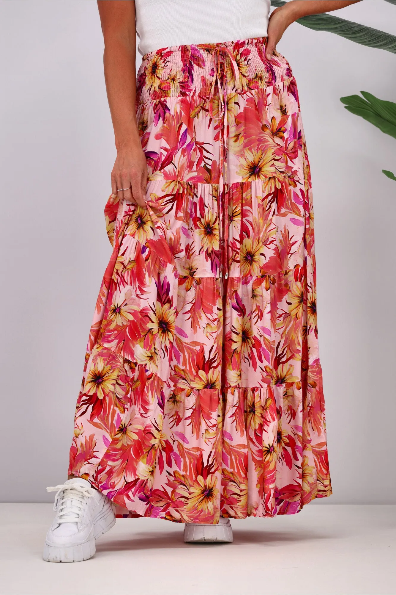 New U Collection Pink Garden Floral Maxi Skirt