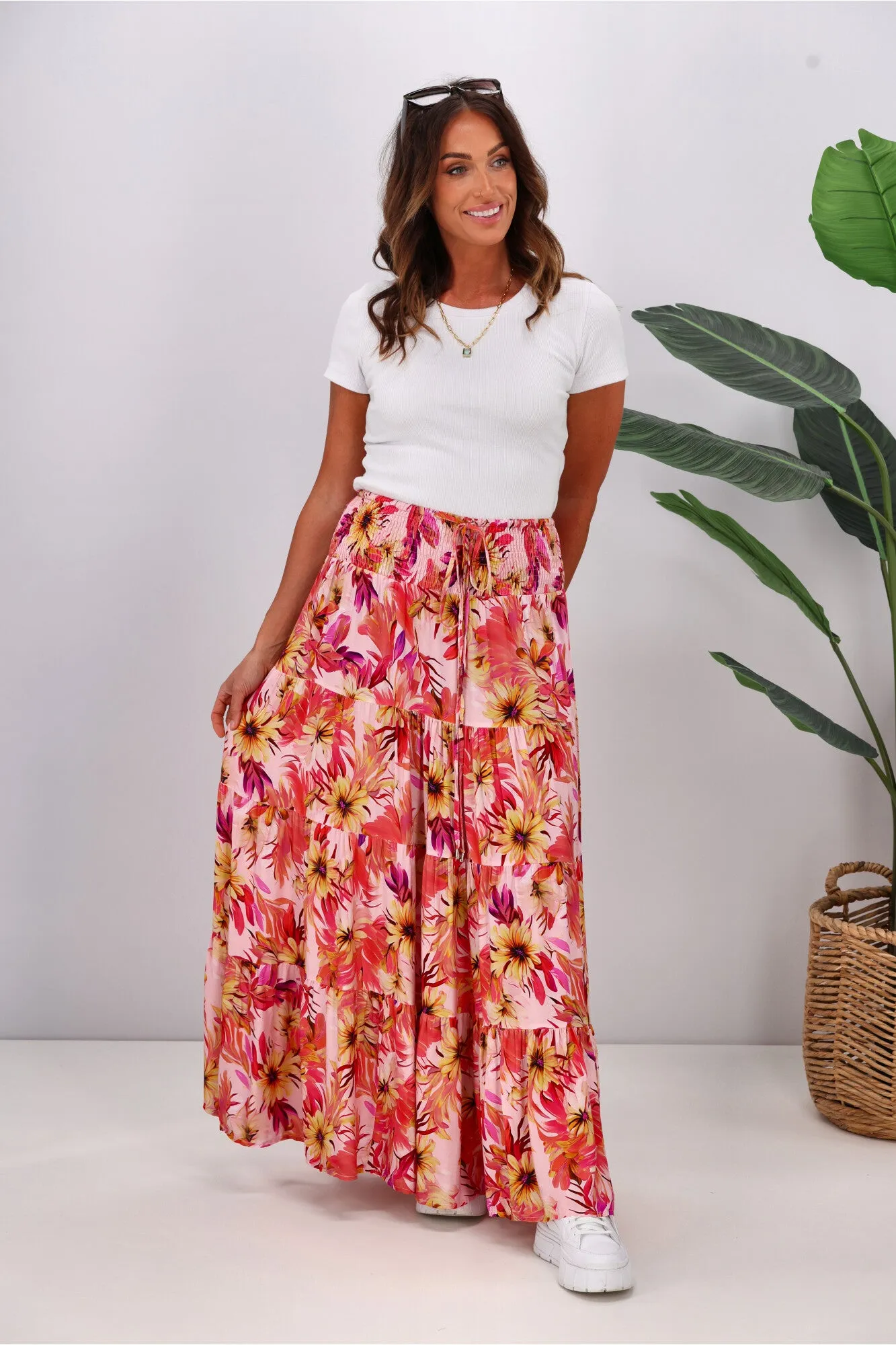 New U Collection Pink Garden Floral Maxi Skirt