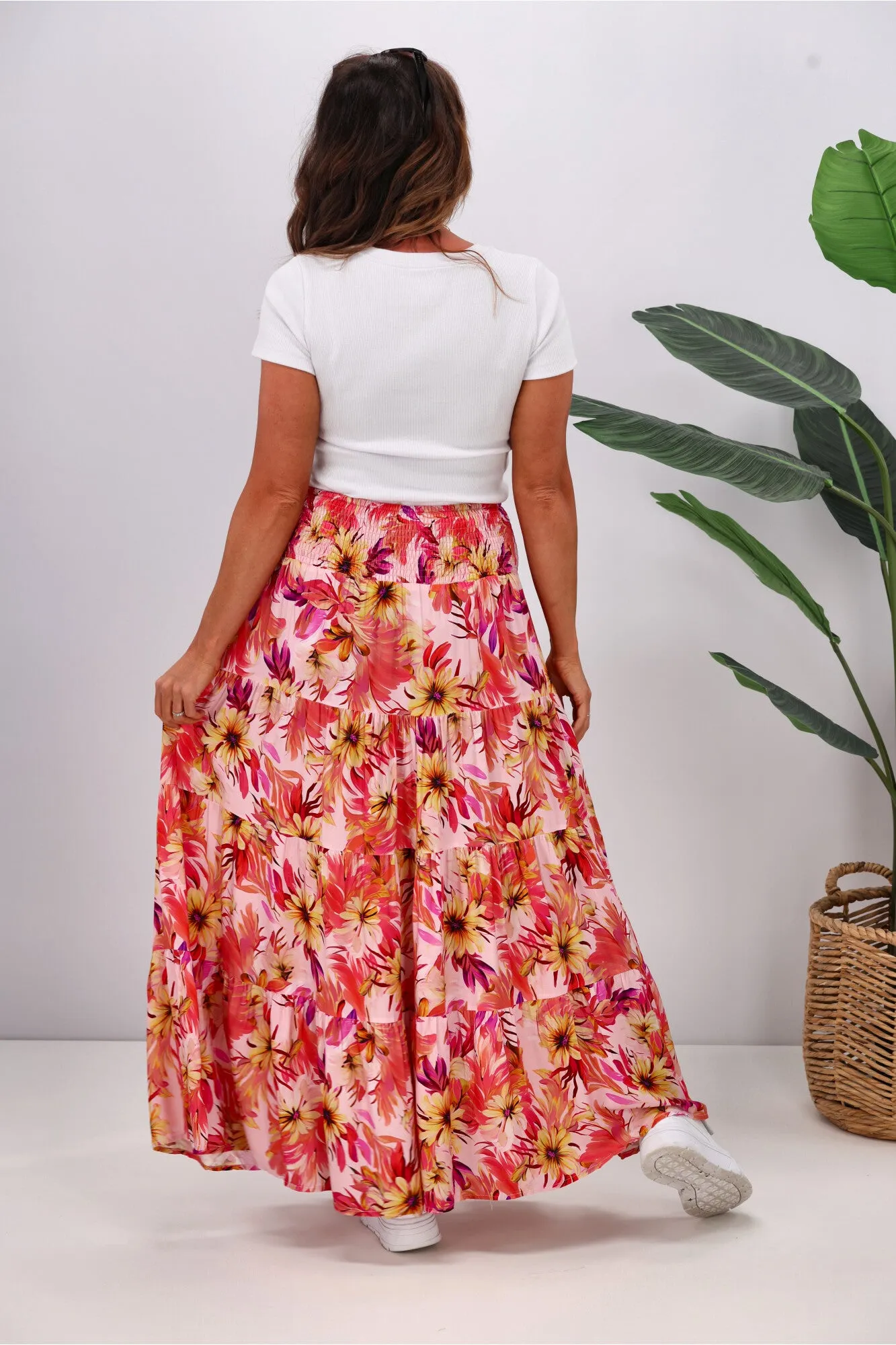 New U Collection Pink Garden Floral Maxi Skirt