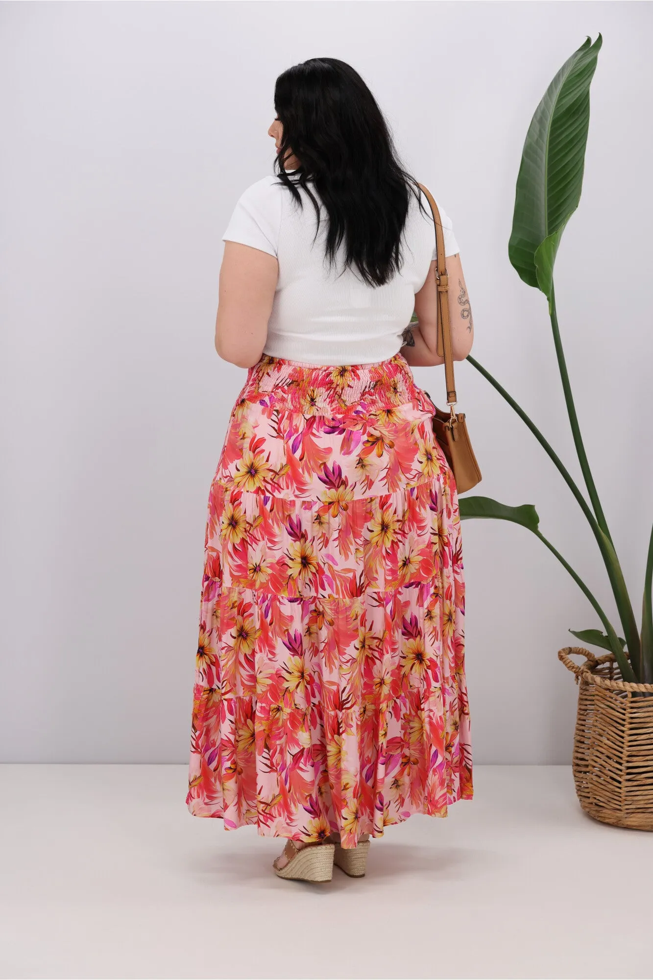 New U Collection Pink Garden Floral Maxi Skirt