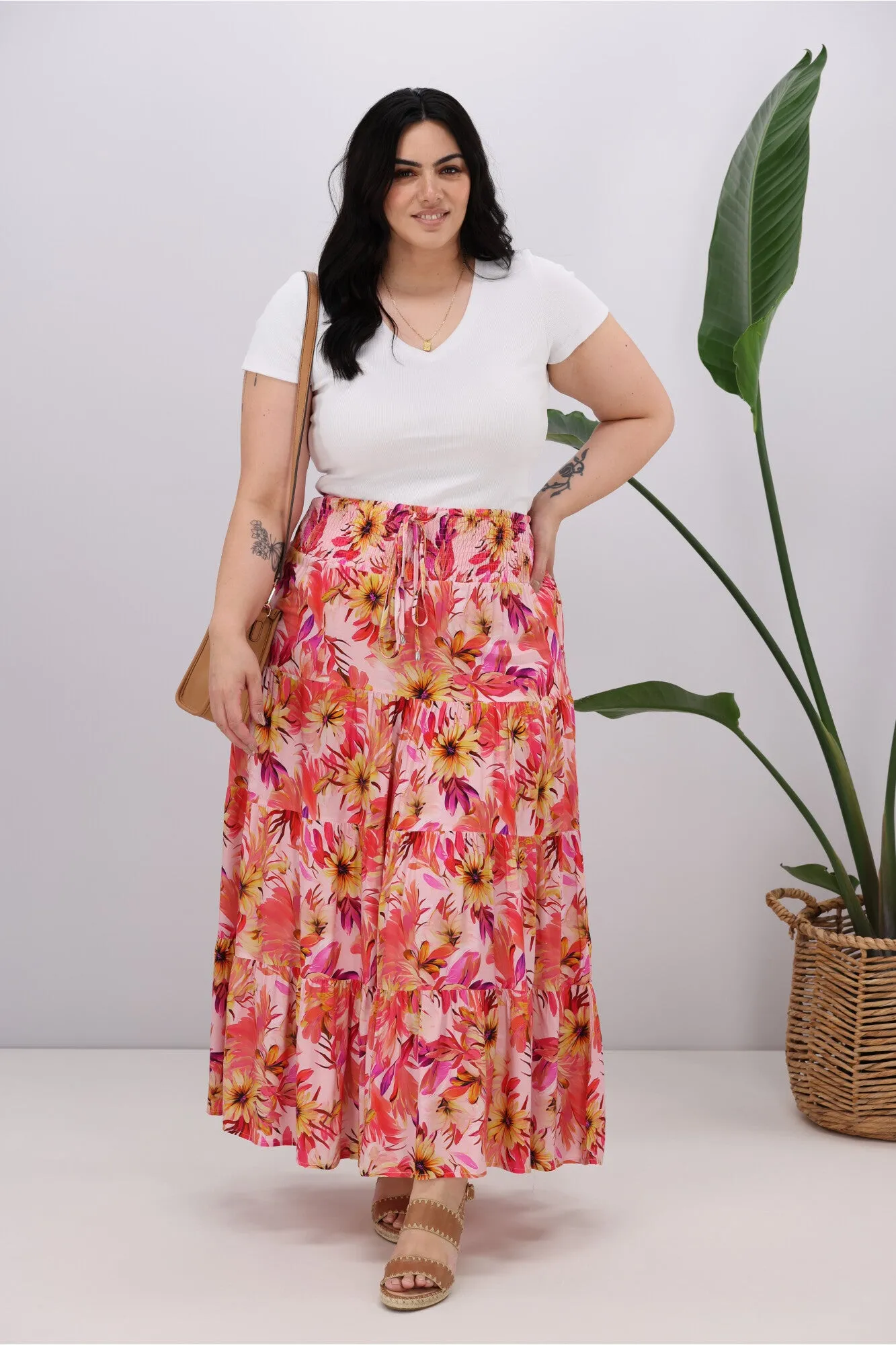 New U Collection Pink Garden Floral Maxi Skirt