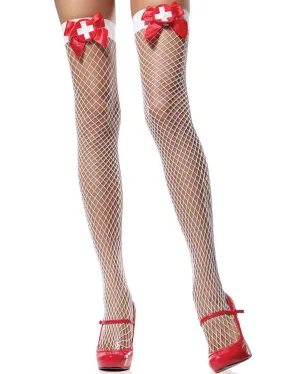 Nurse Bow with Badge Industrial Net Thigh High Stockings