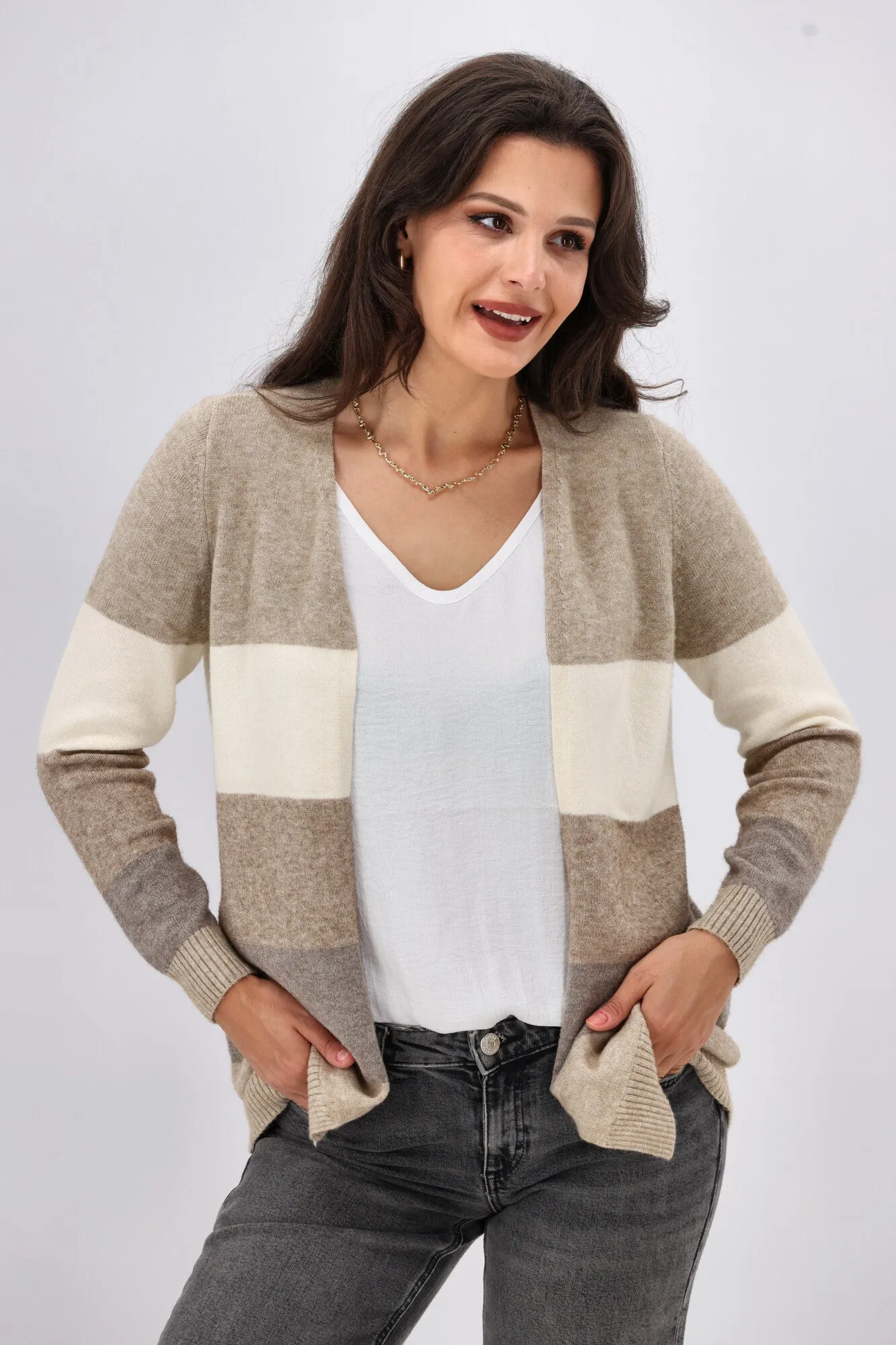 ONLY Lesly L/S Open Cardigan Beige Stripes