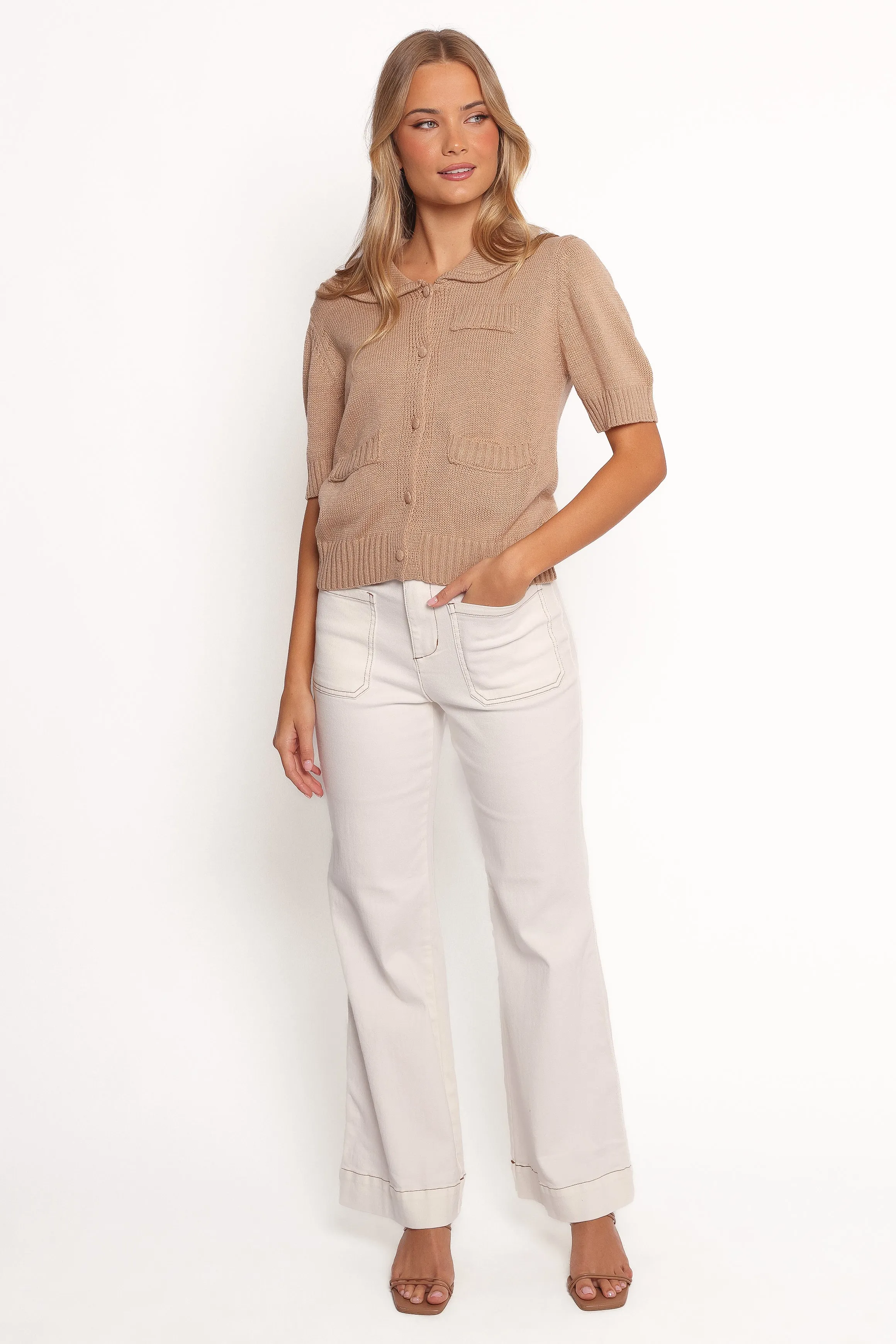 Roman Button Front Cardigan - Beige