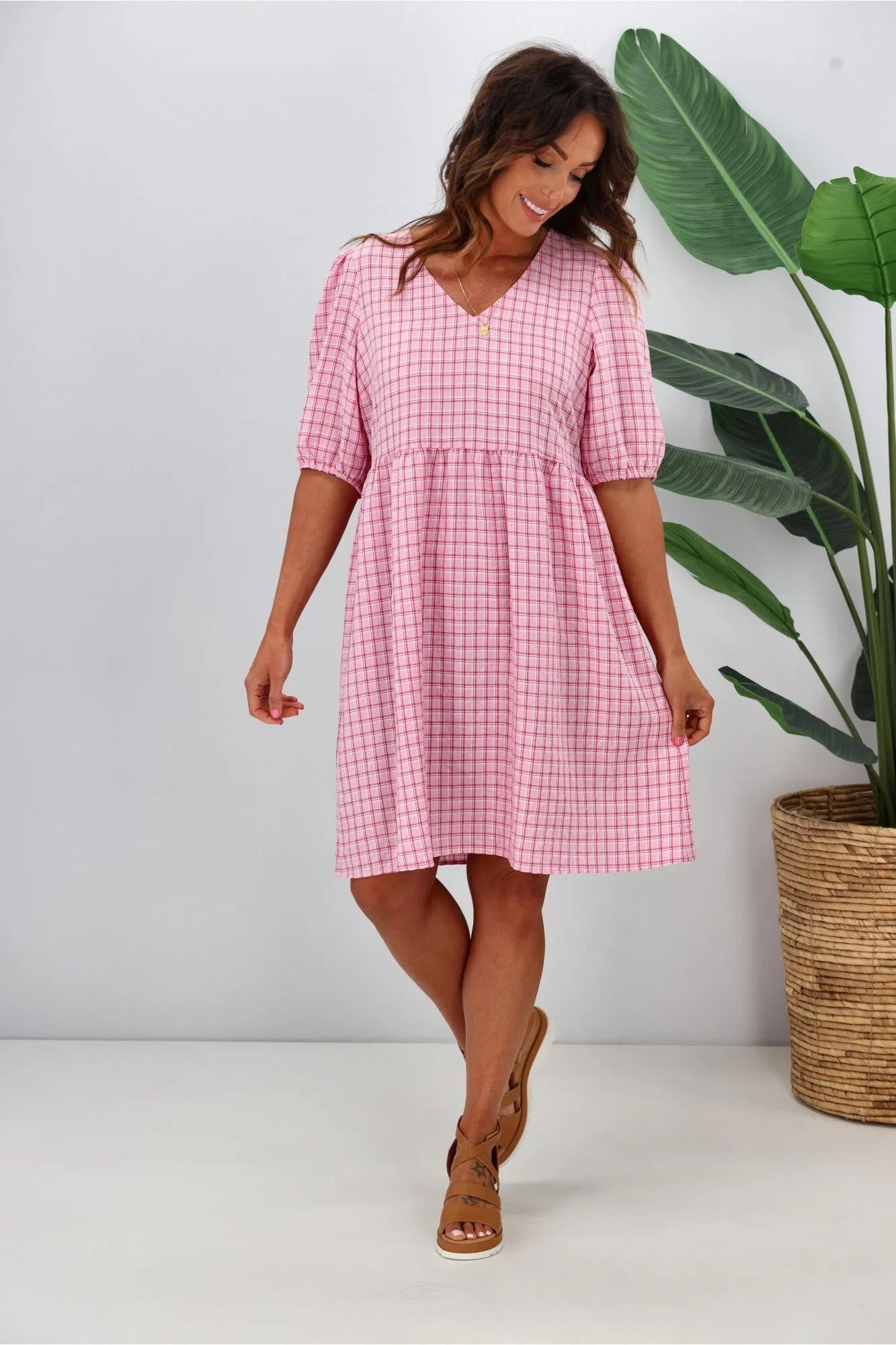 Shine On Label Akio V Neck Puff Sleeve Dress Pink Check