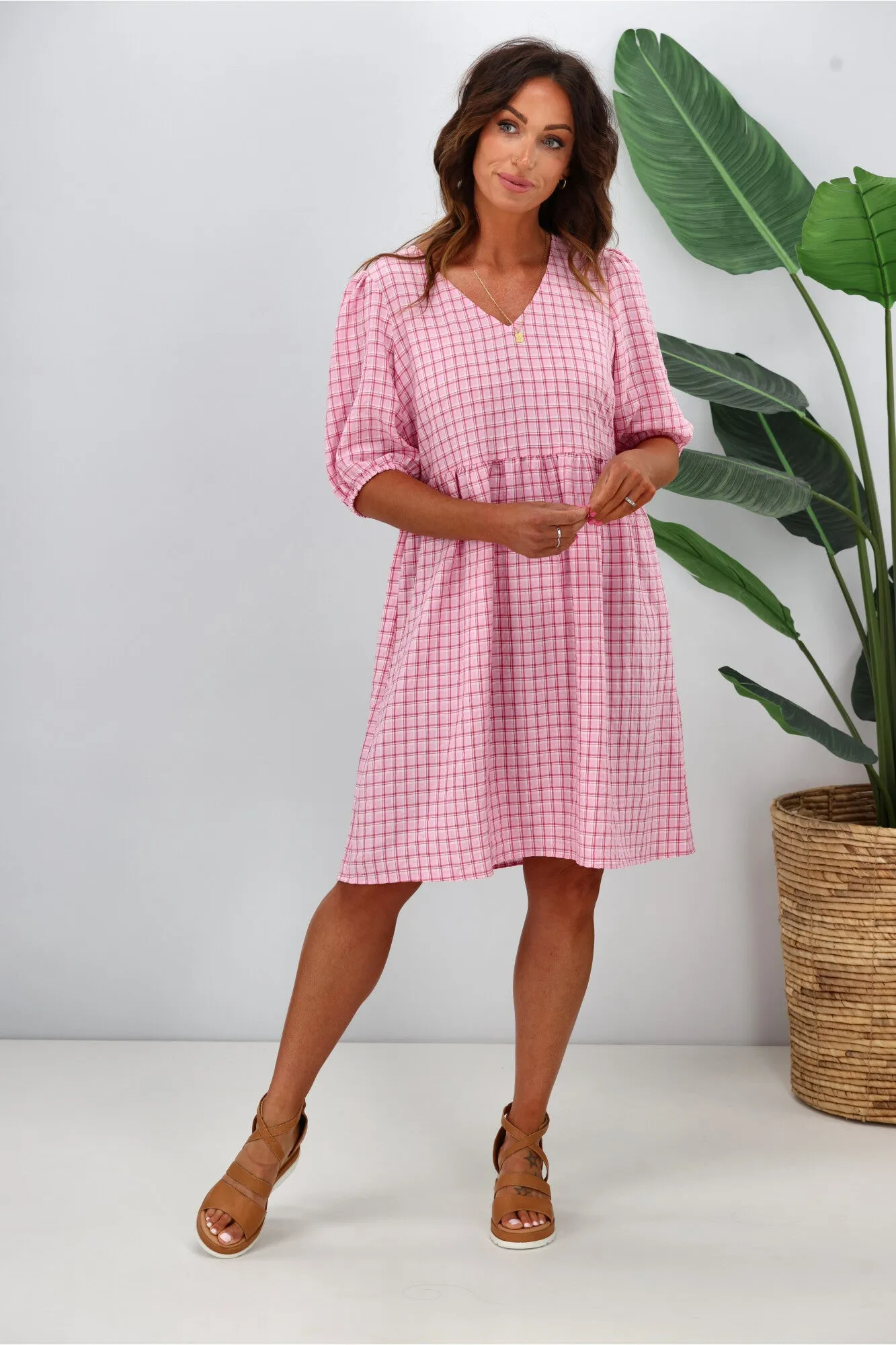 Shine On Label Akio V Neck Puff Sleeve Dress Pink Check
