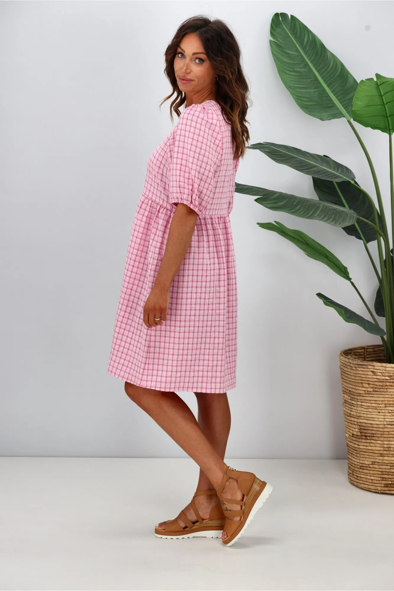 Shine On Label Akio V Neck Puff Sleeve Dress Pink Check