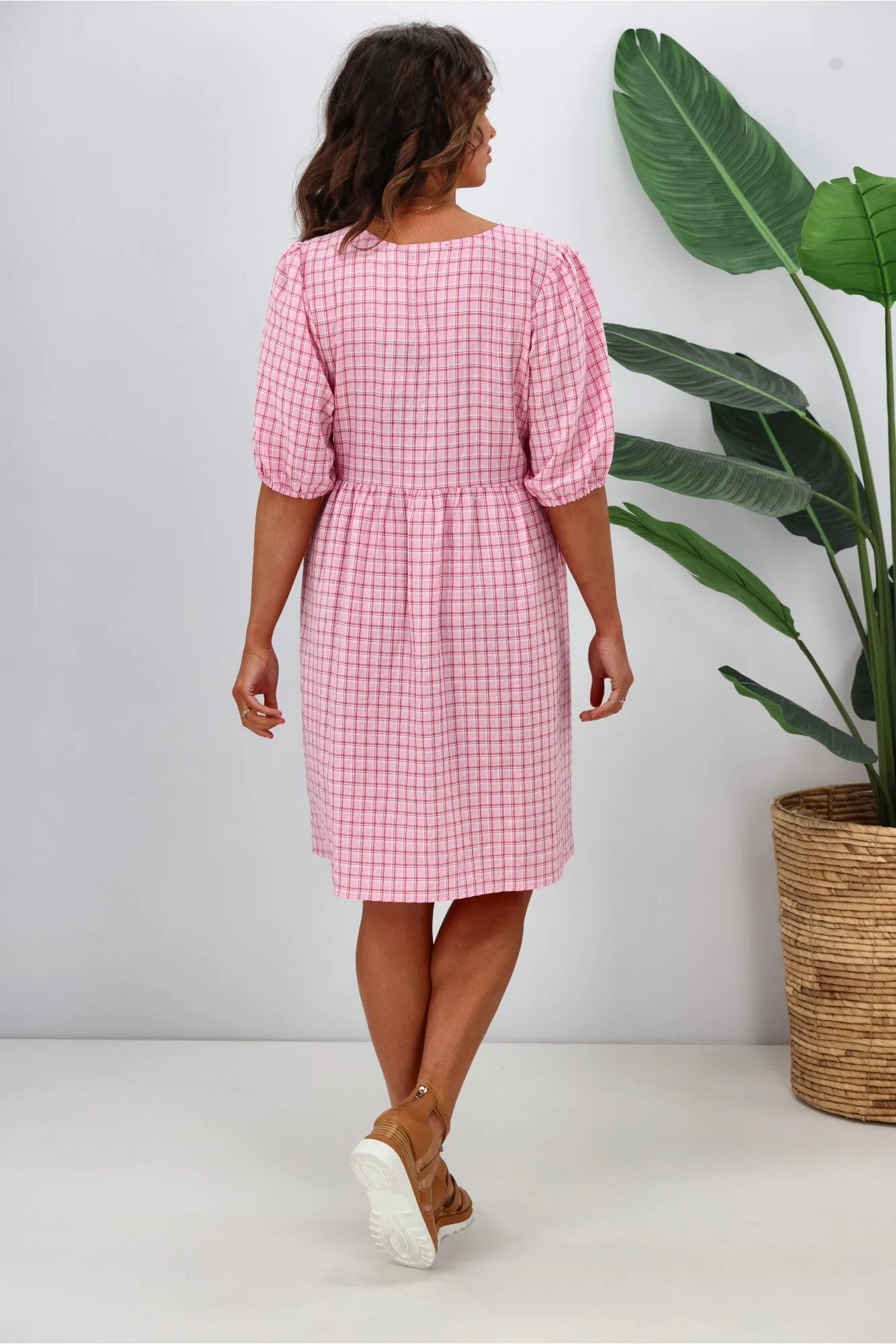 Shine On Label Akio V Neck Puff Sleeve Dress Pink Check
