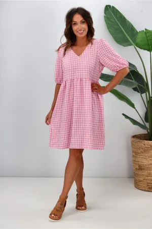 Shine On Label Akio V Neck Puff Sleeve Dress Pink Check