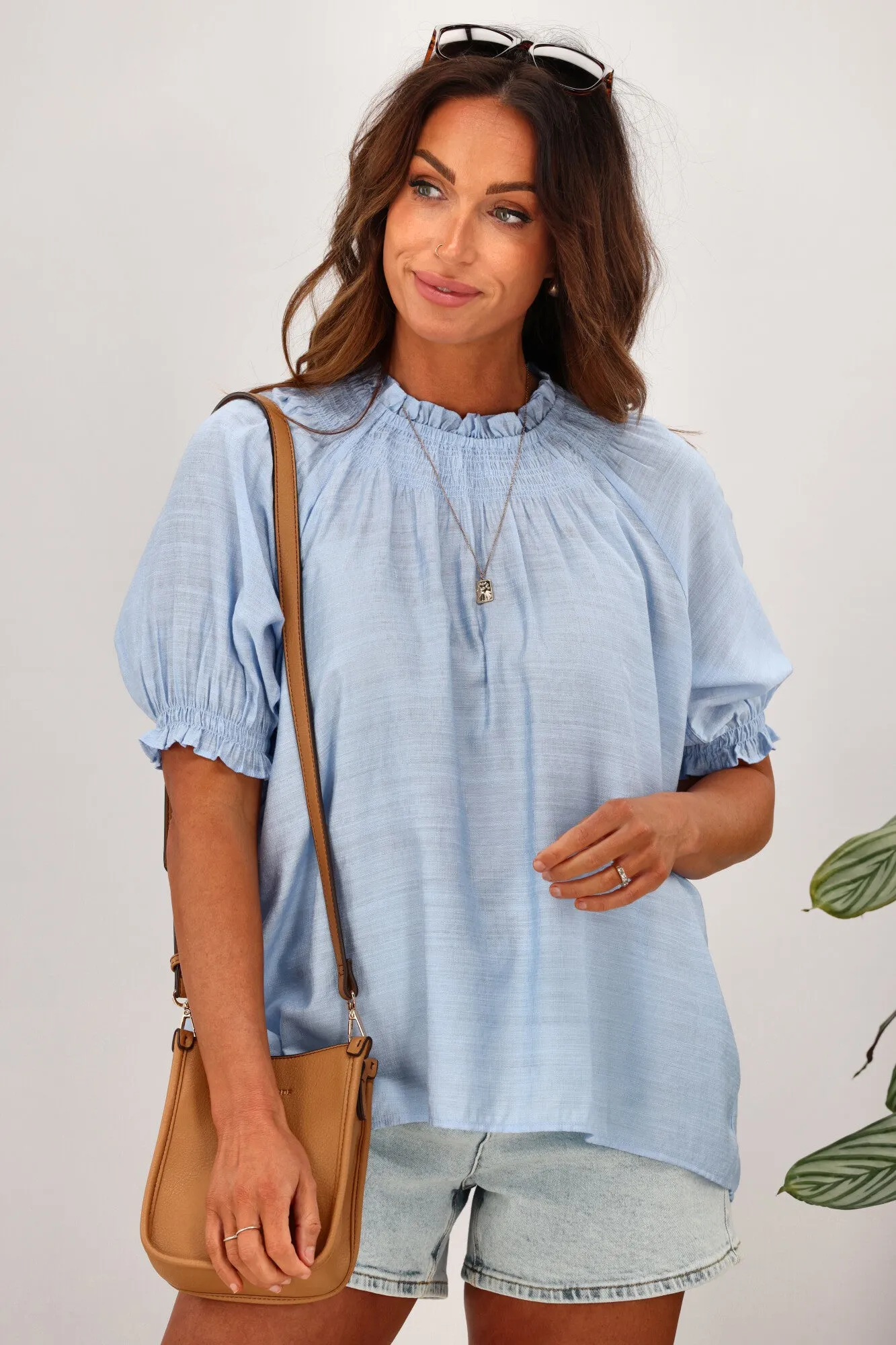 Shine On Label Alephi Textured Puff Sleeve Top Blue