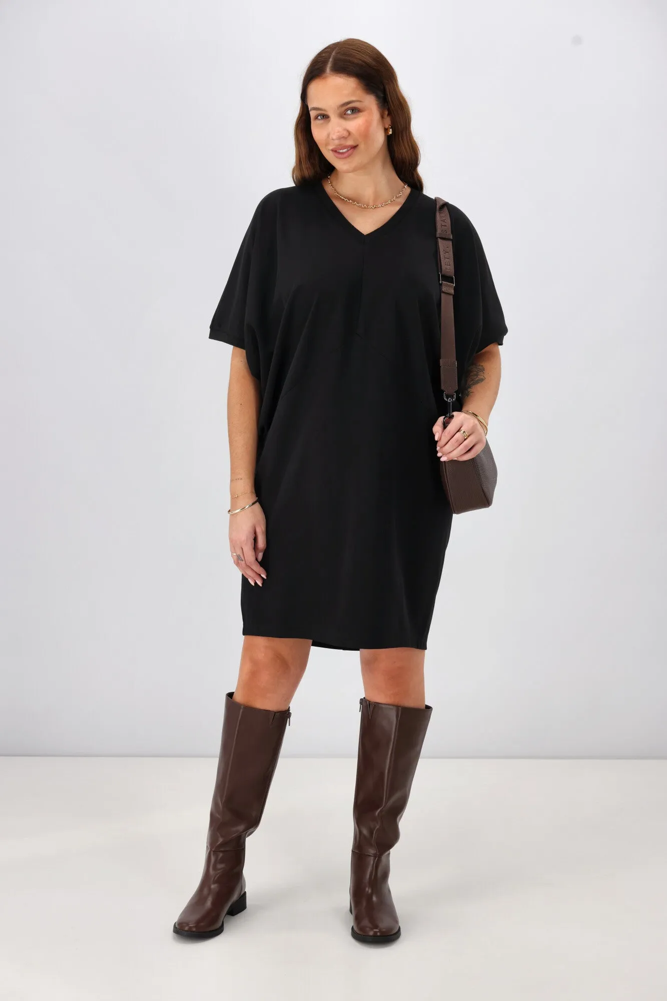 Shine On Label Analaya Angled Panel Knit Tunic Dress Black