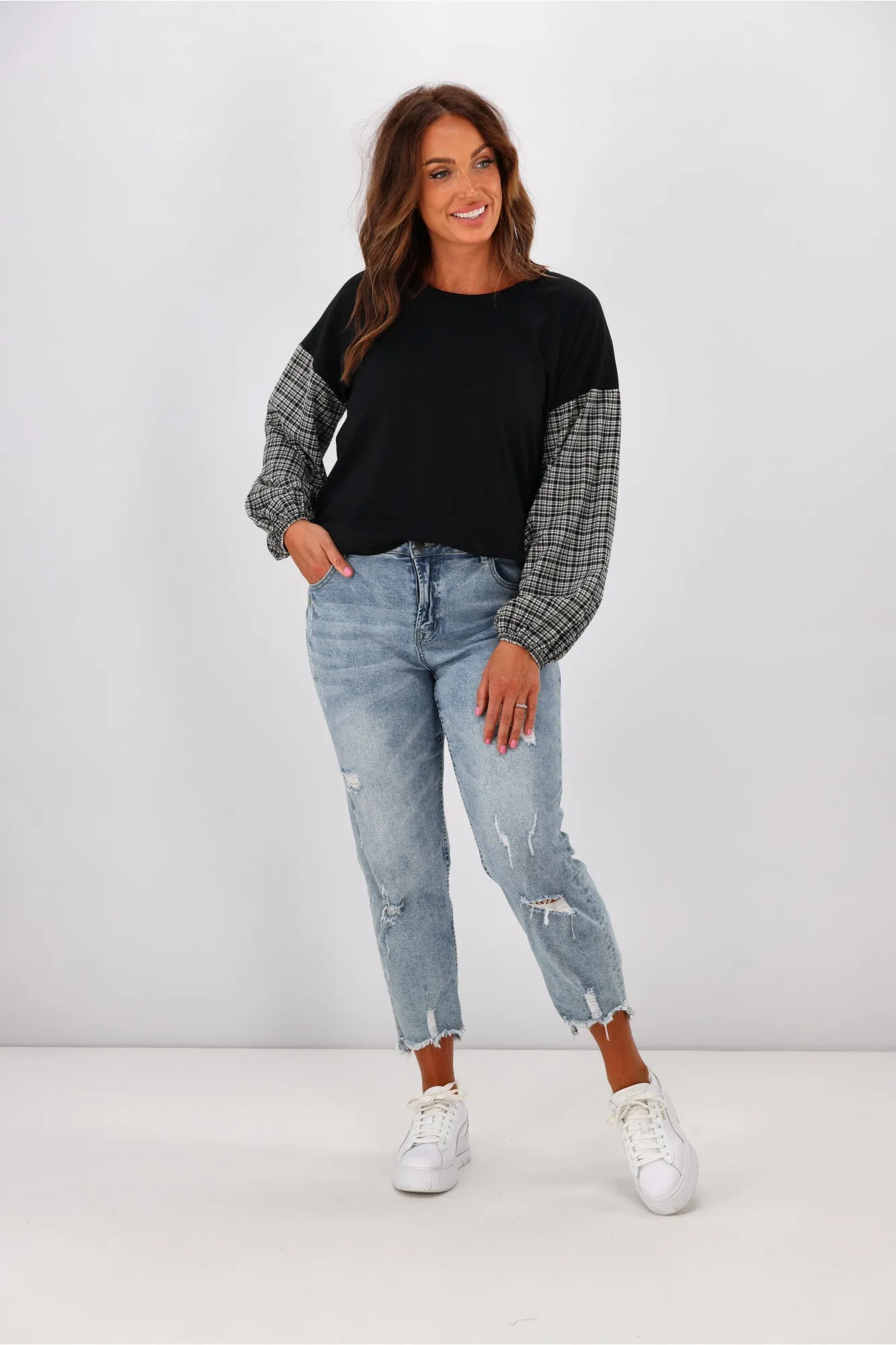 Shine On Label Cici Gingham Sleeve Top Black White