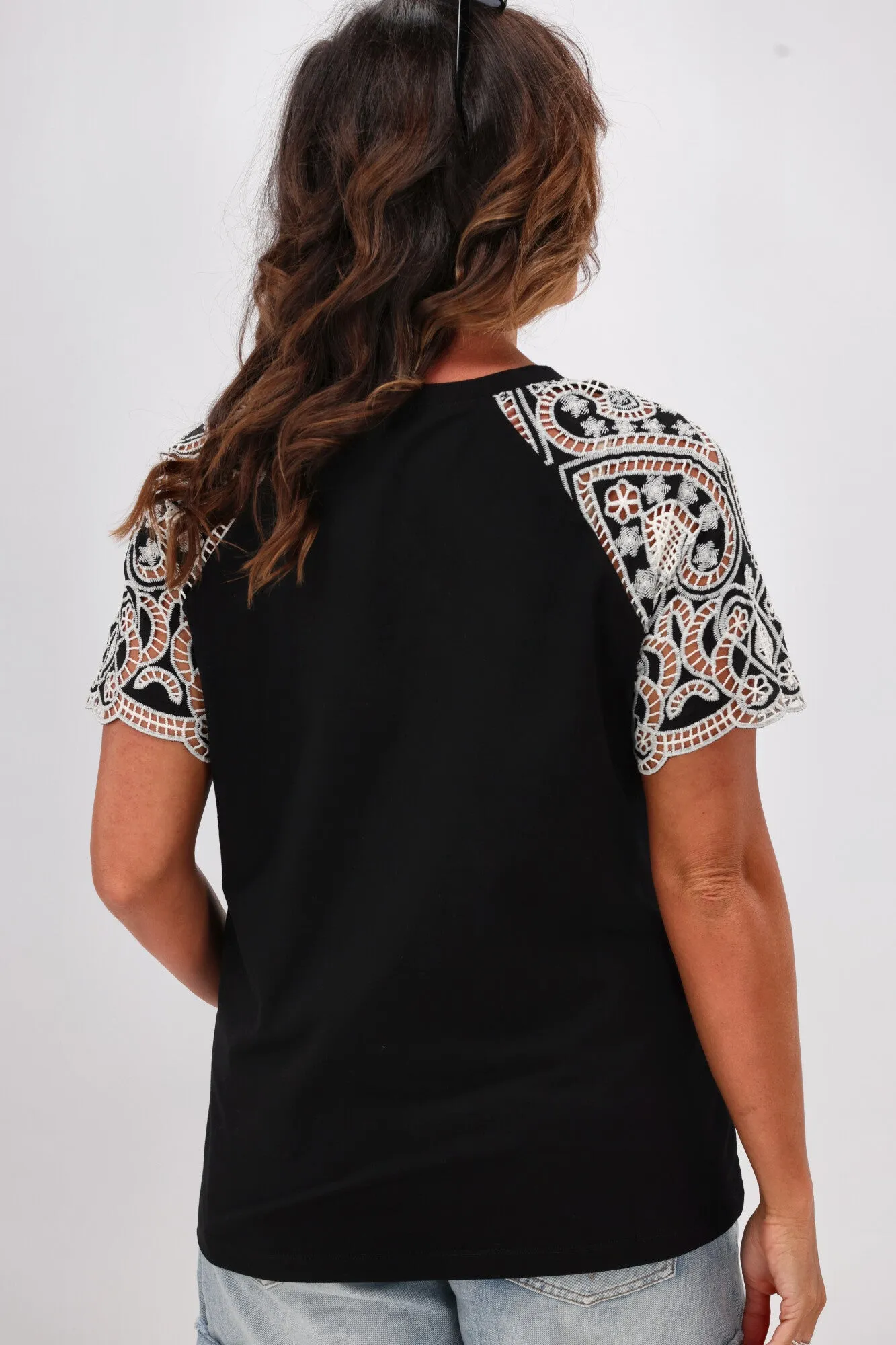 Shine On Label Dorset Embroidery Cut Out Top Black