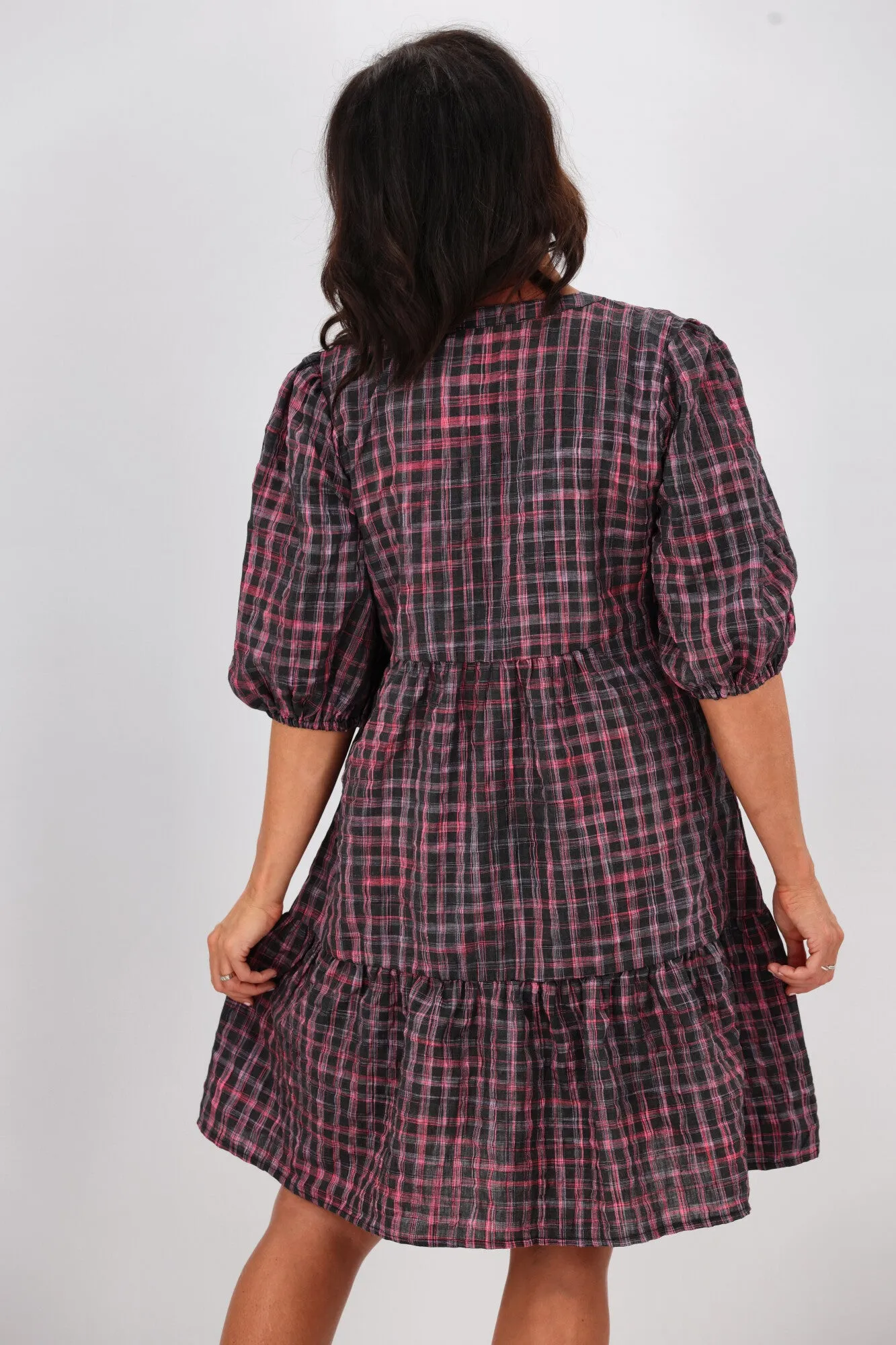 Shine On Label Evangeline Puff Sleeve Dress Black Check