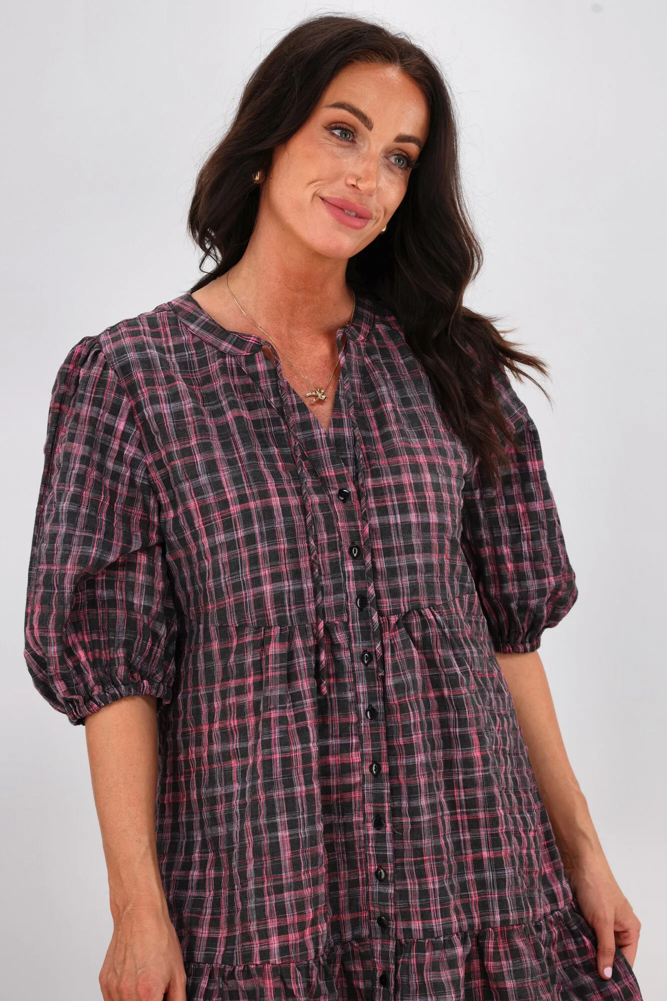 Shine On Label Evangeline Puff Sleeve Dress Black Check