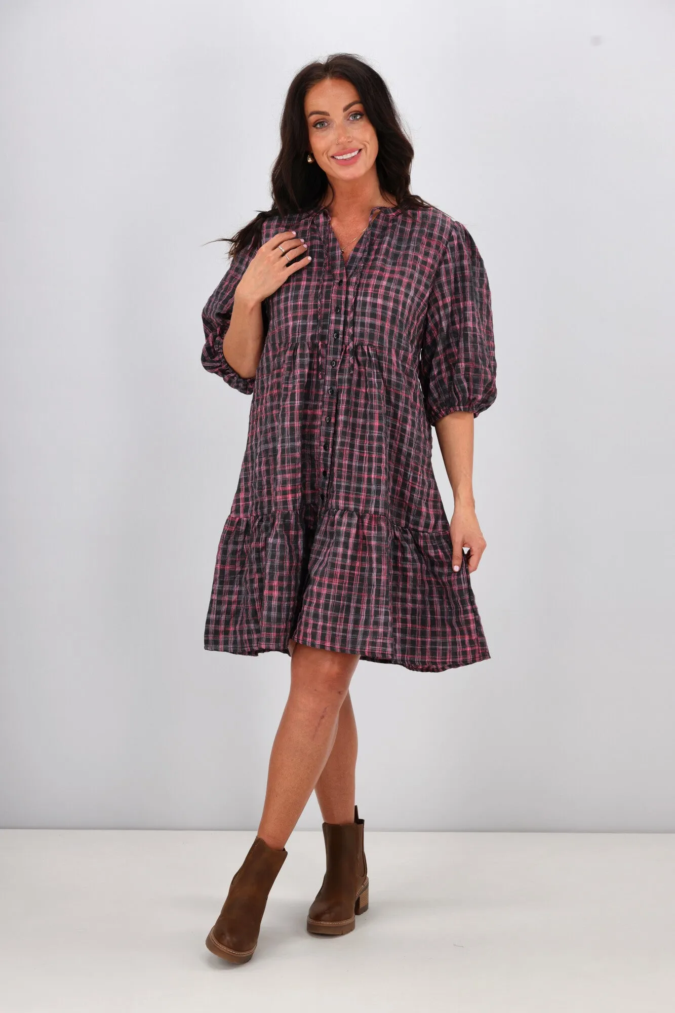 Shine On Label Evangeline Puff Sleeve Dress Black Check