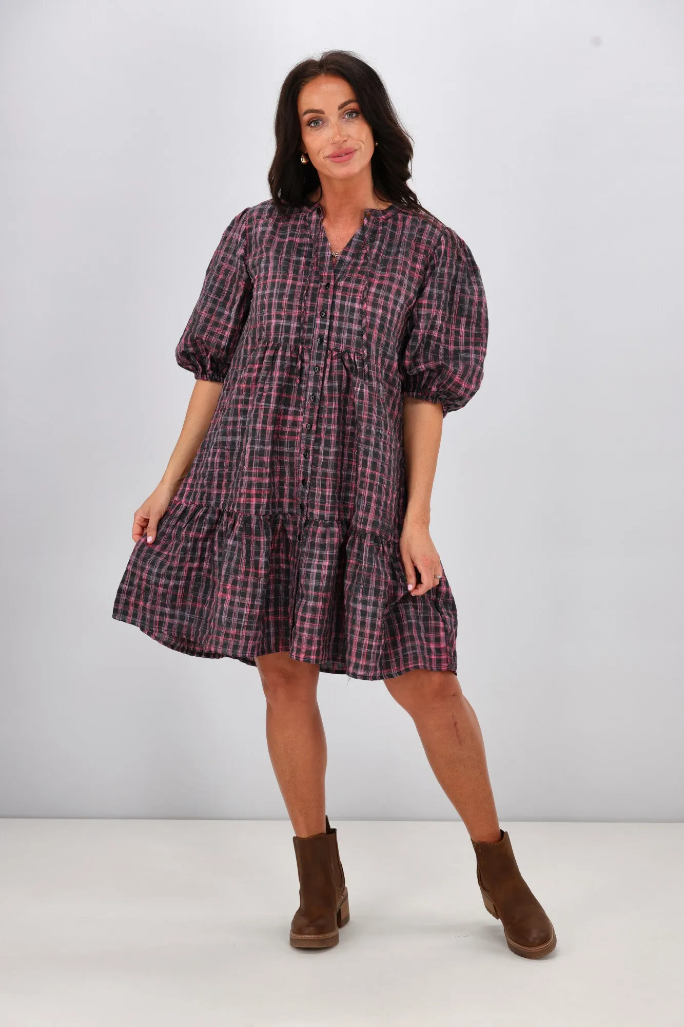 Shine On Label Evangeline Puff Sleeve Dress Black Check