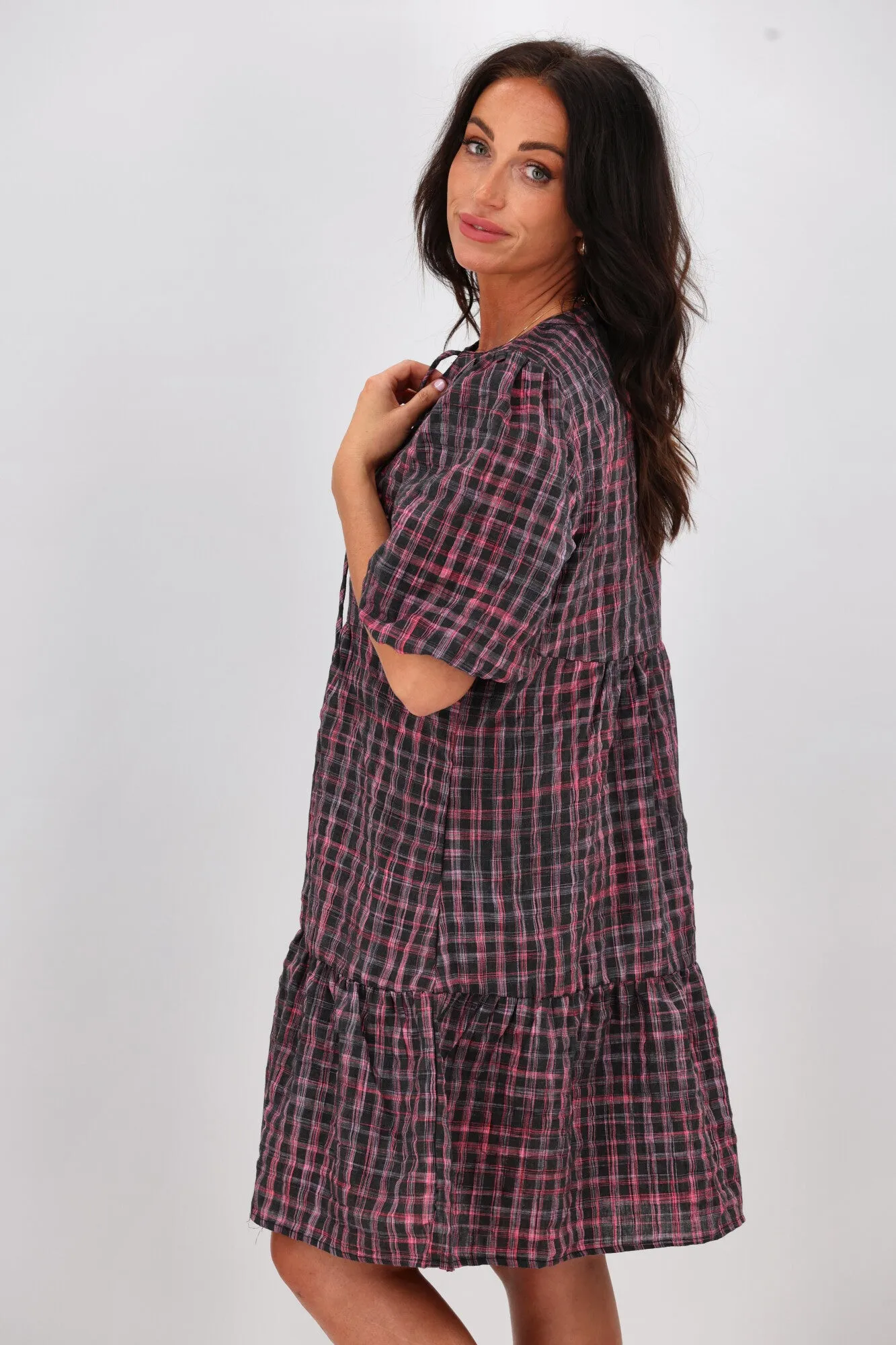 Shine On Label Evangeline Puff Sleeve Dress Black Check