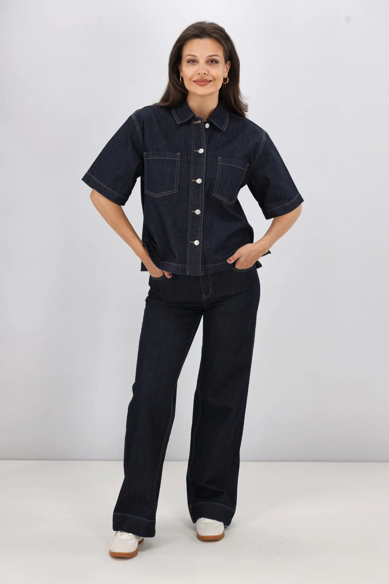 Shine On Label Nolan Short Sleeve Denim Shacket Indigo