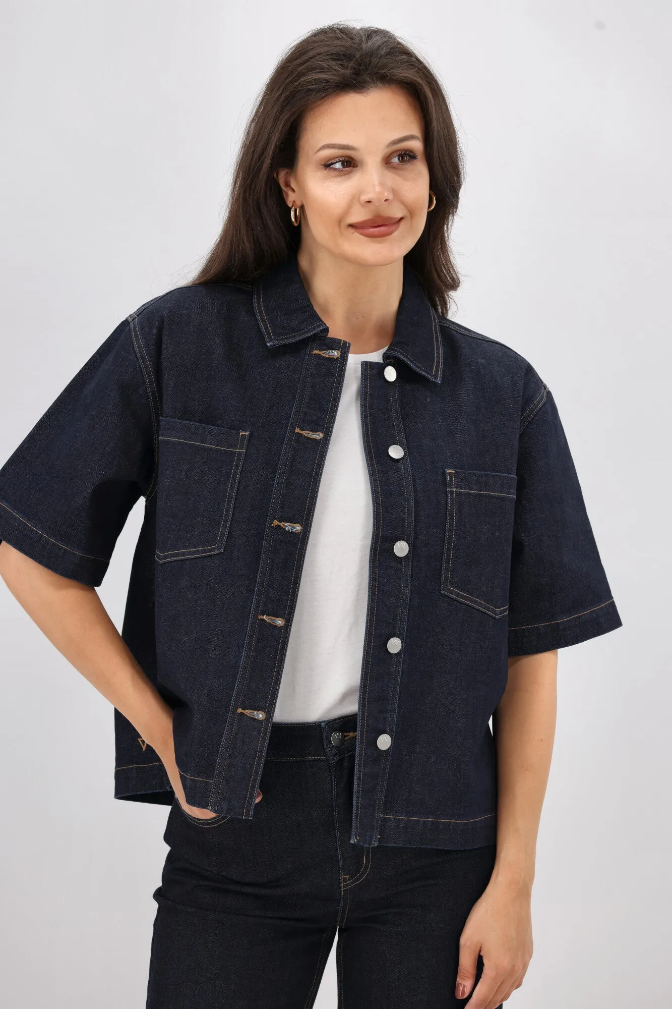 Shine On Label Nolan Short Sleeve Denim Shacket Indigo