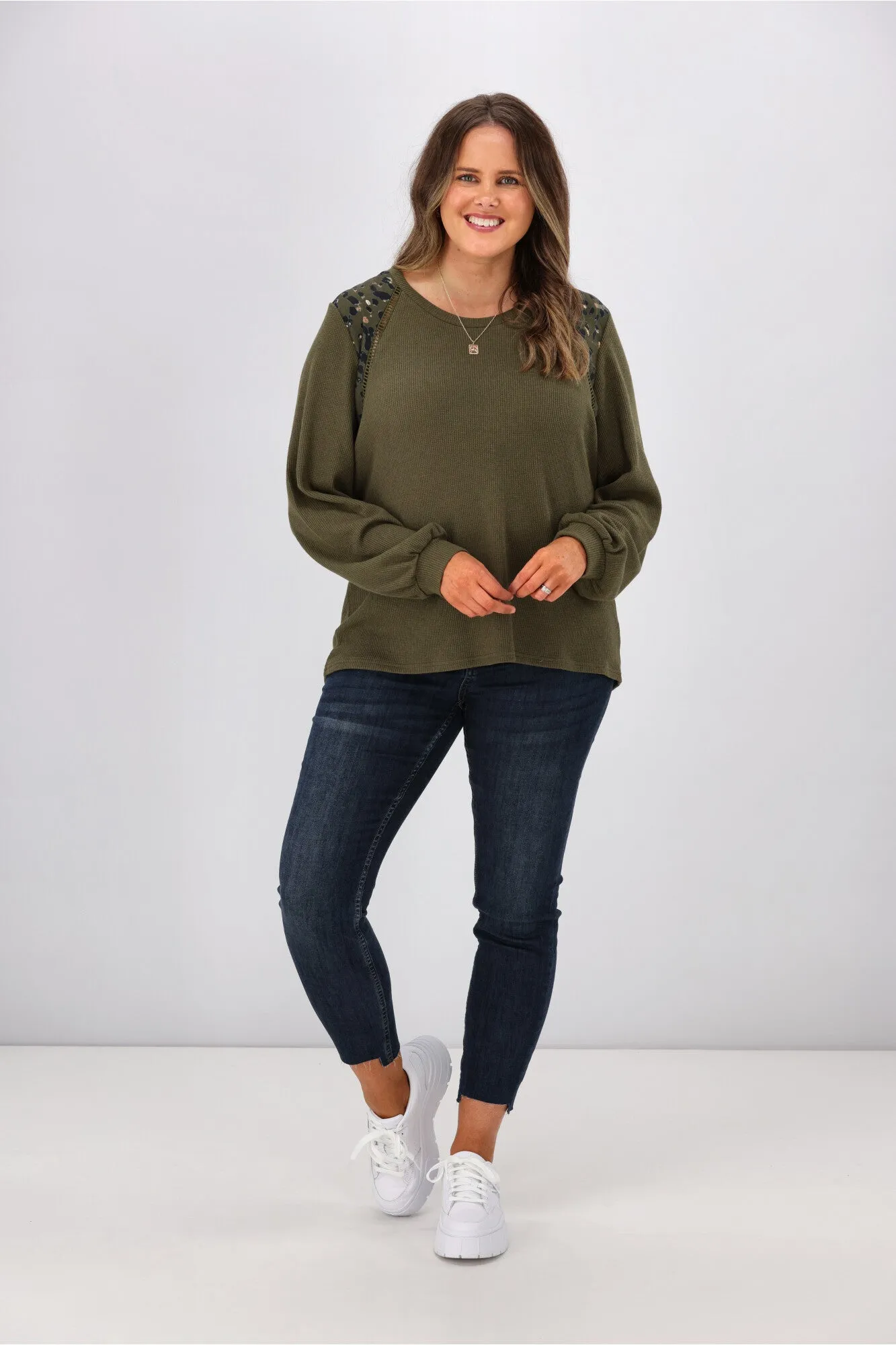 Shine On label Sherryn Print Shoulder Top Olive