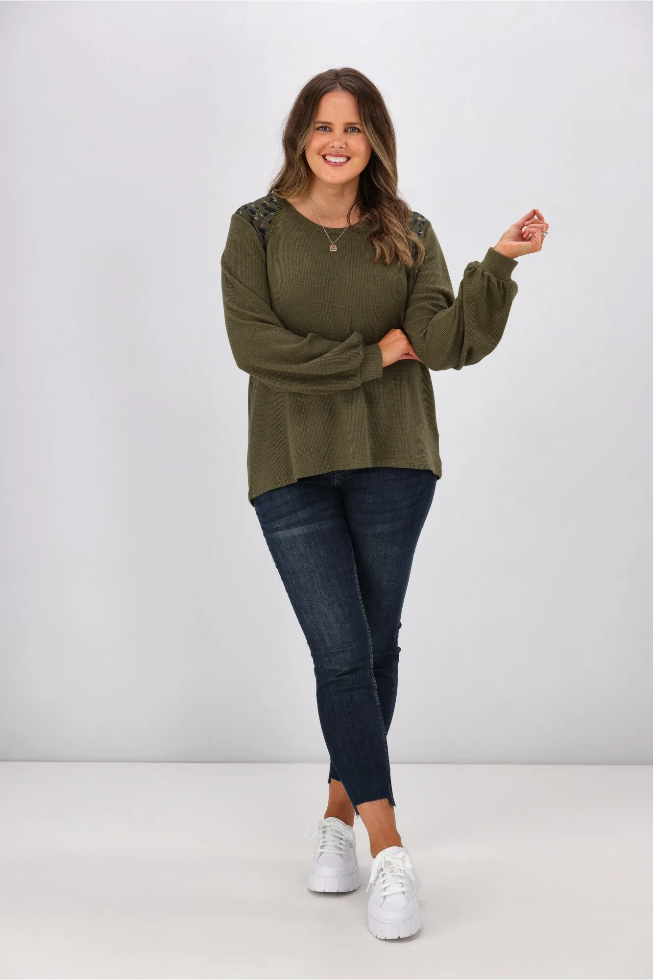 Shine On label Sherryn Print Shoulder Top Olive