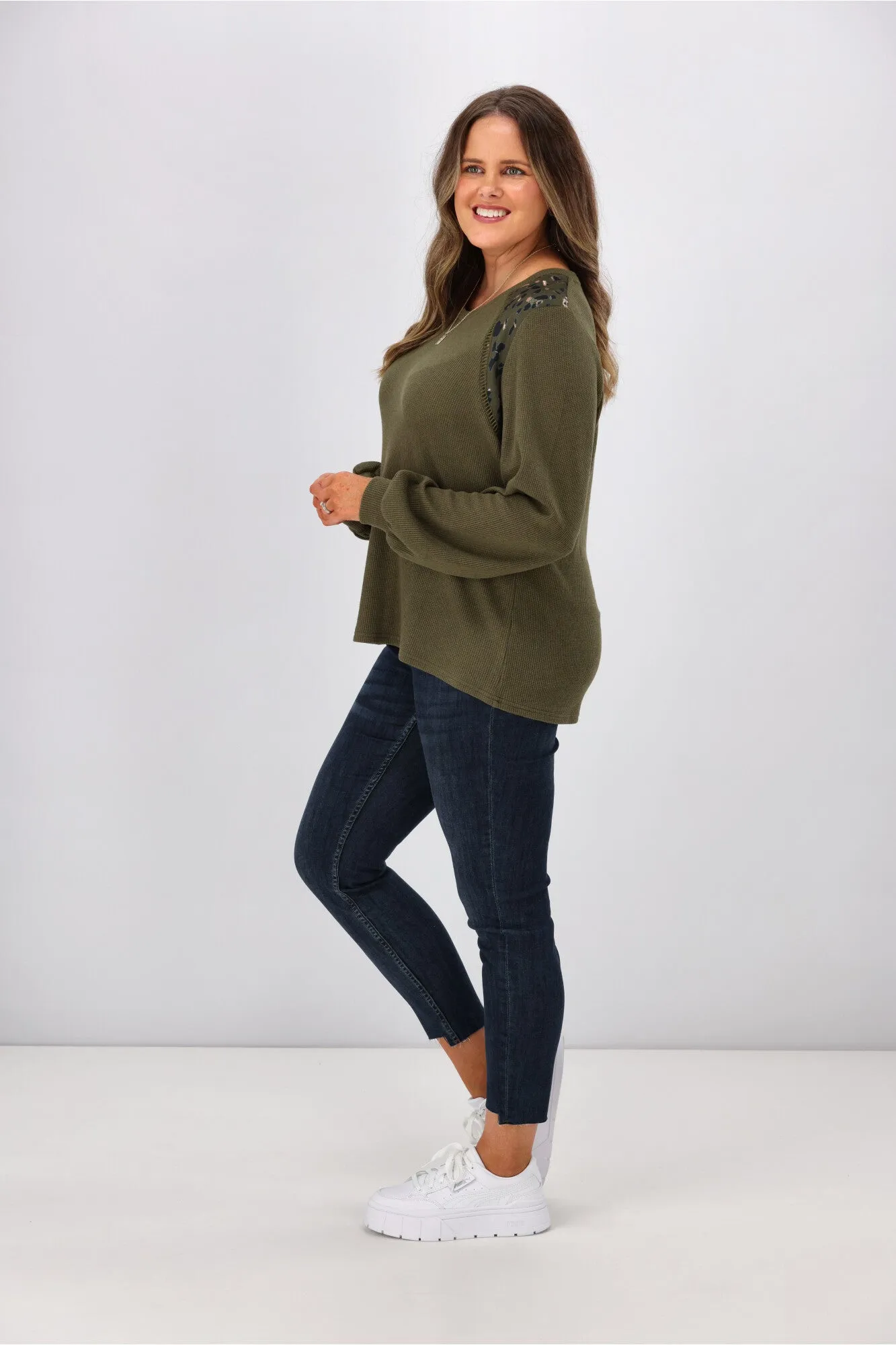 Shine On label Sherryn Print Shoulder Top Olive