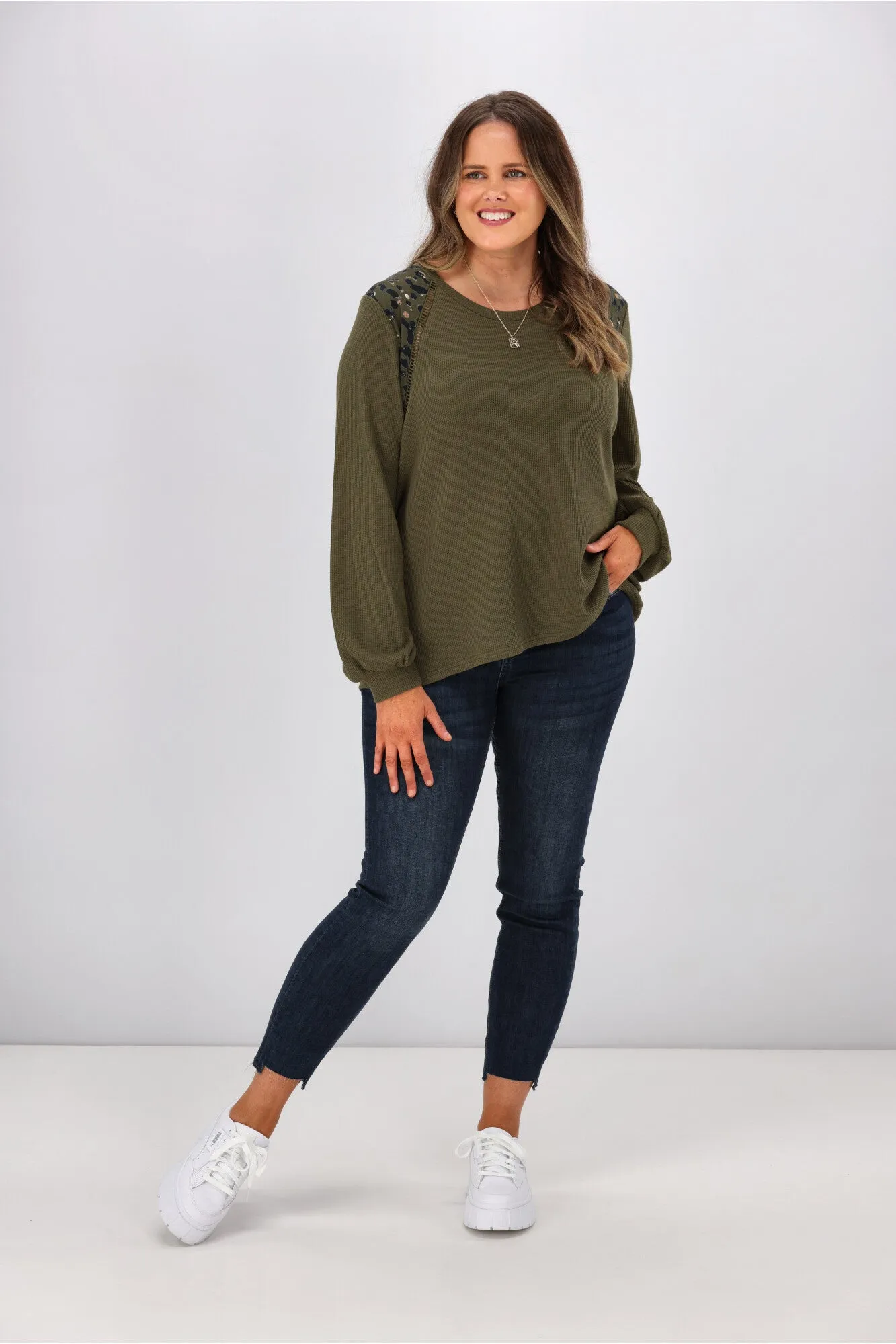Shine On label Sherryn Print Shoulder Top Olive
