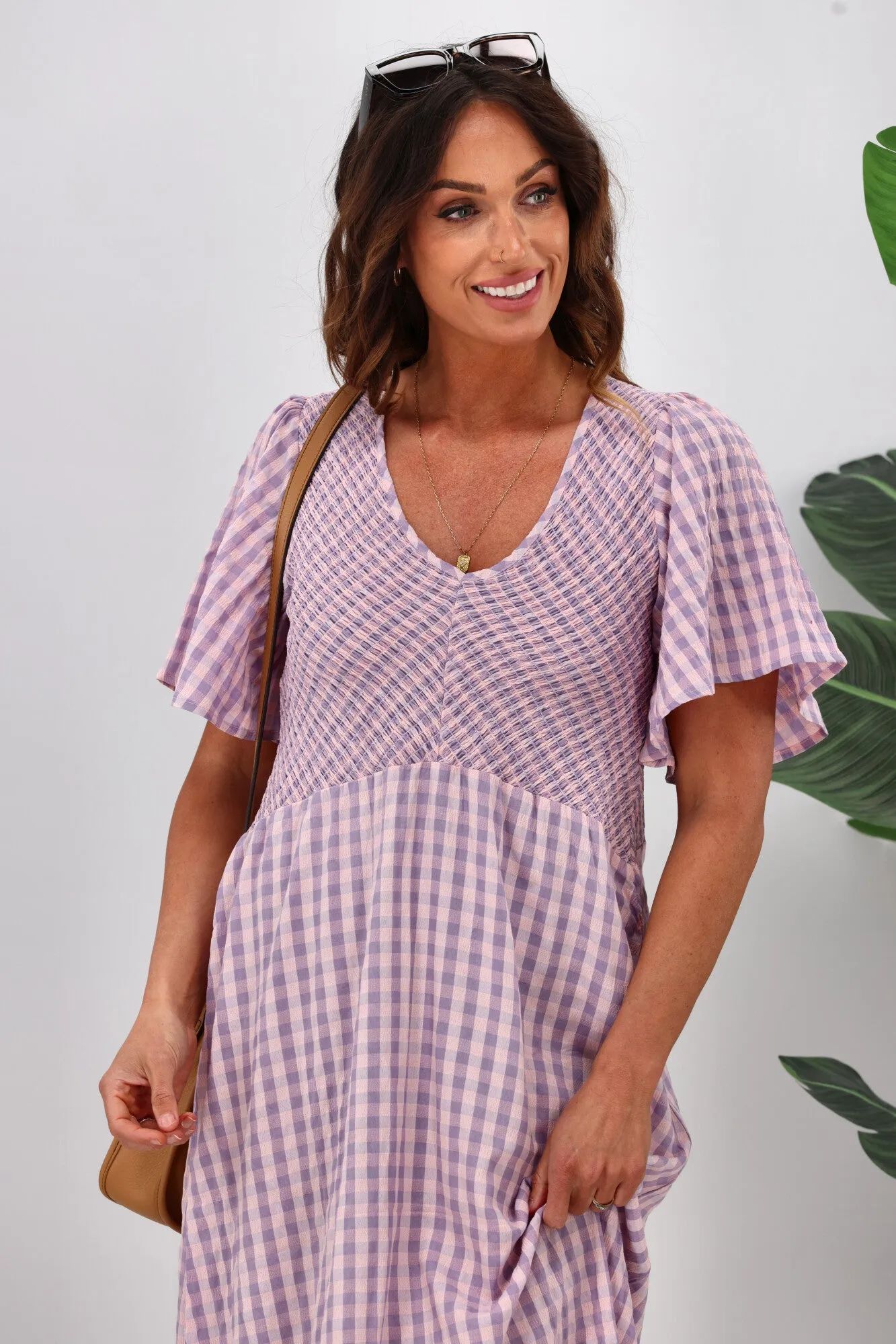 Shine On Label Sumaya Angle Shirred Midi Dress Lilac Check