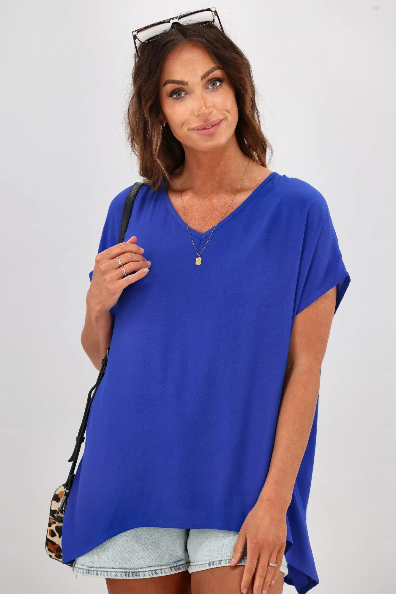 Shine On Label Summer Essential Drape V Neck Top Cobolt