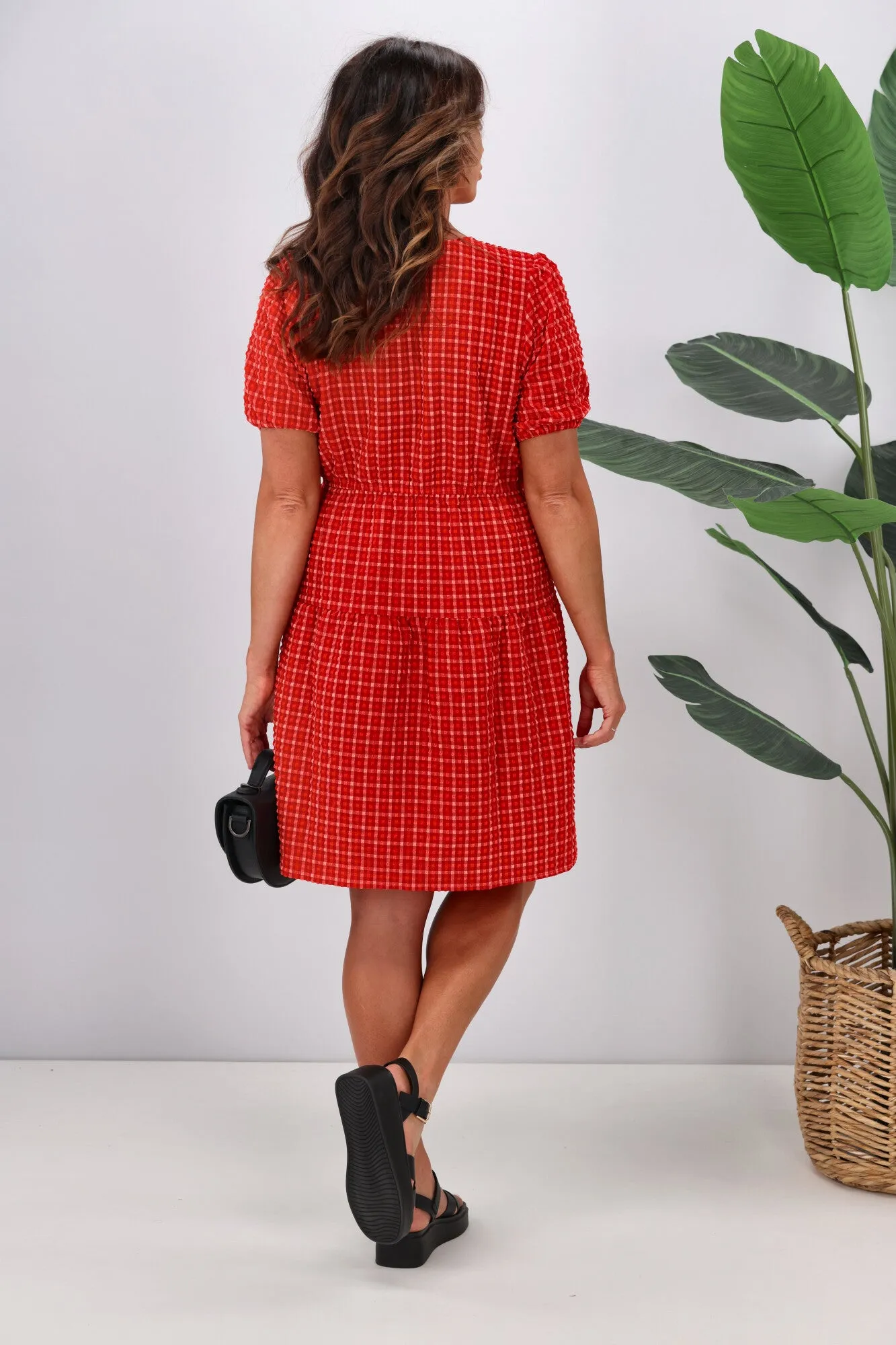 Shine On Label Tatiana Cross Over Tier Check Dress Red