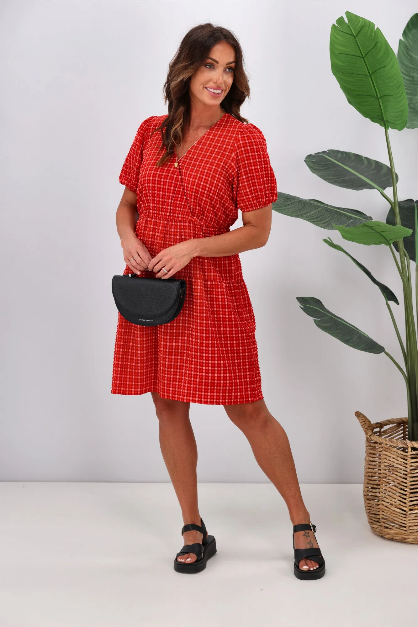 Shine On Label Tatiana Cross Over Tier Check Dress Red