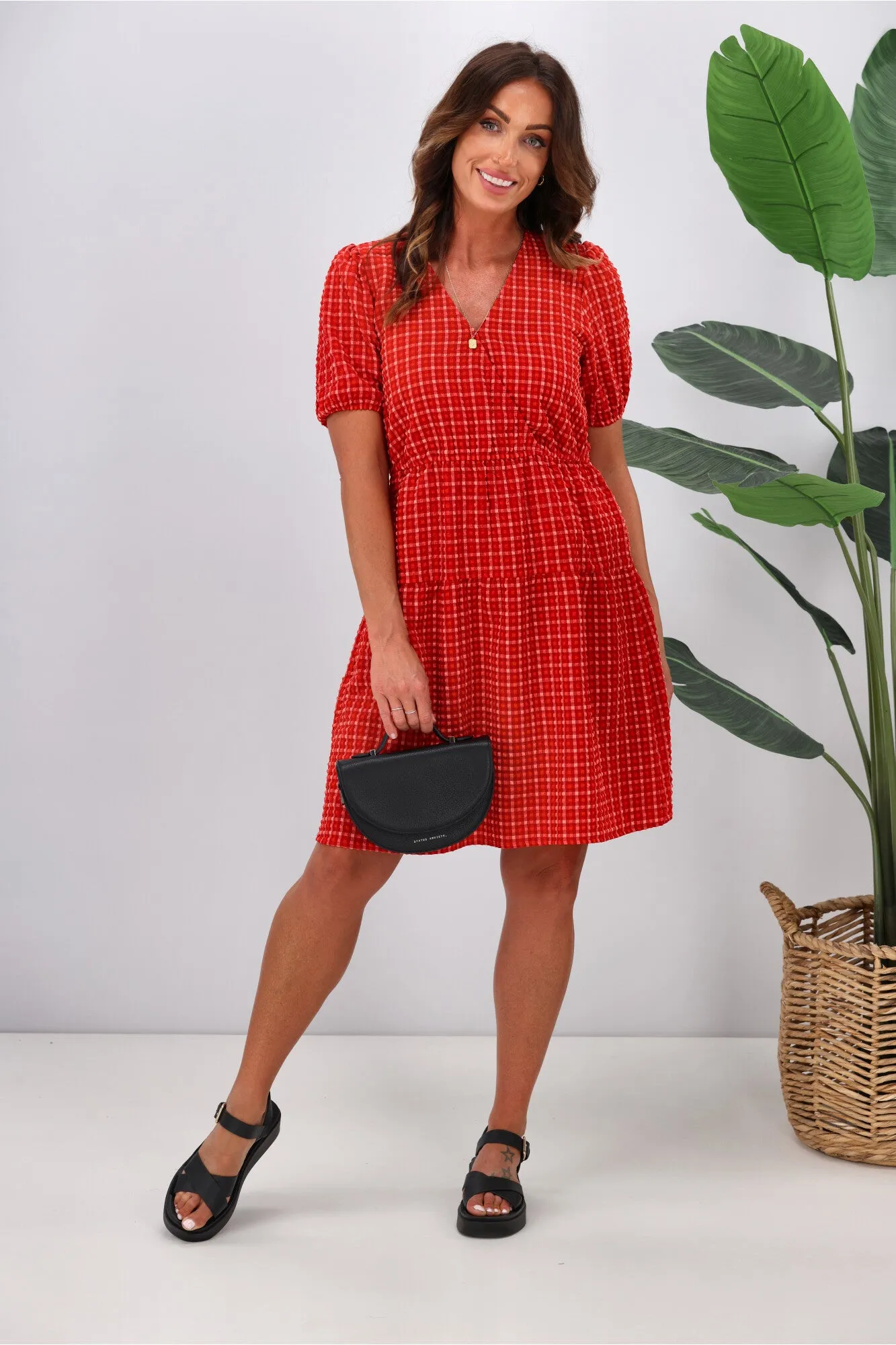 Shine On Label Tatiana Cross Over Tier Check Dress Red