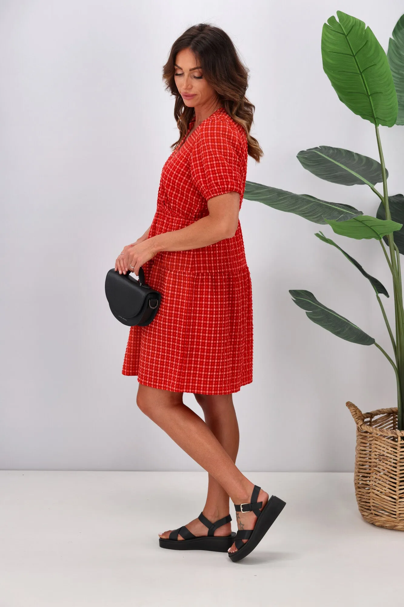 Shine On Label Tatiana Cross Over Tier Check Dress Red