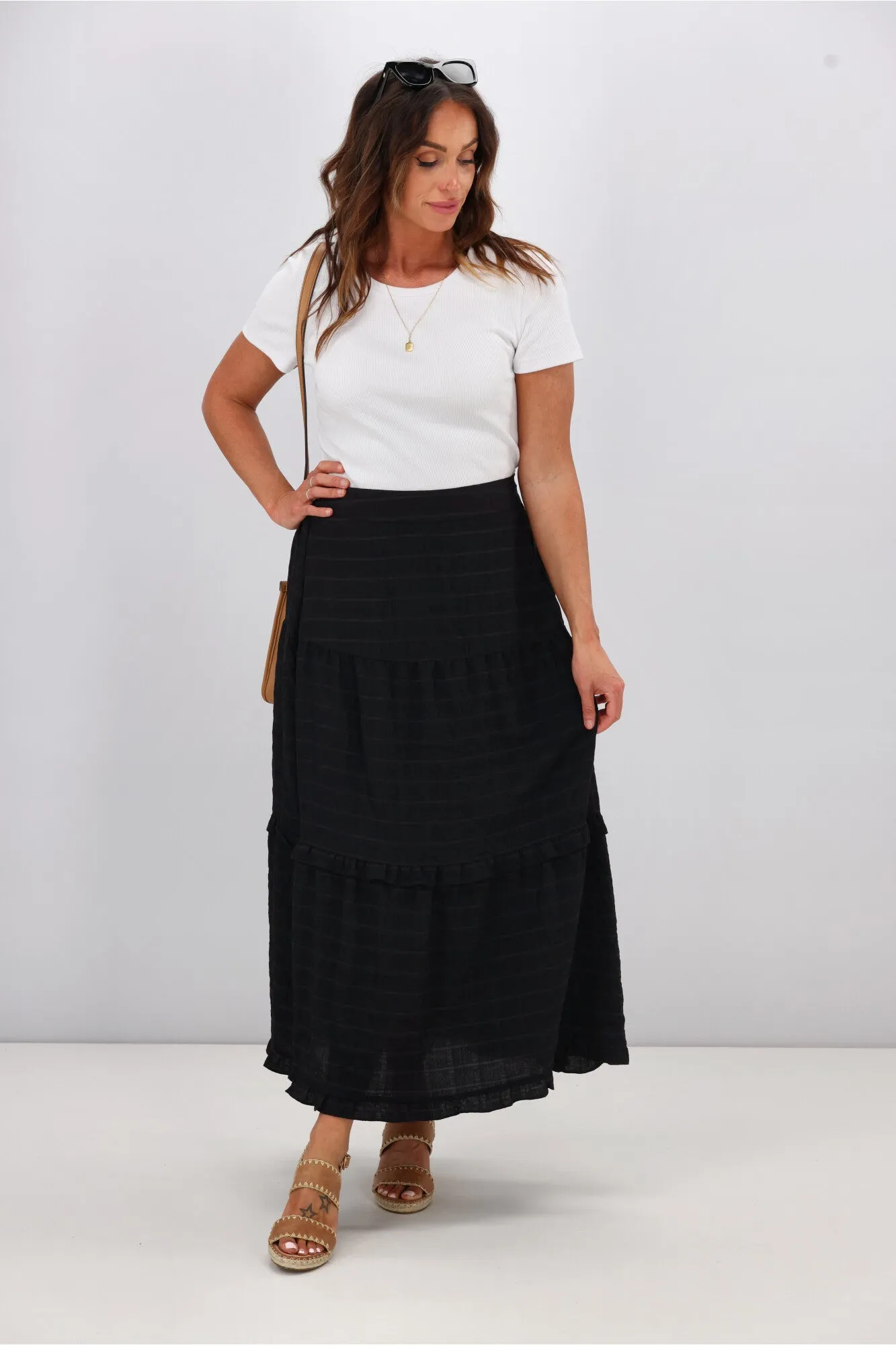 Shine On Label Zeppelin Tiered Maxi Skirt Black Check