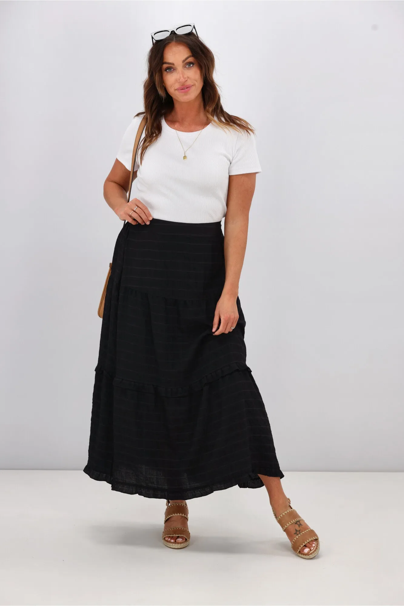 Shine On Label Zeppelin Tiered Maxi Skirt Black Check