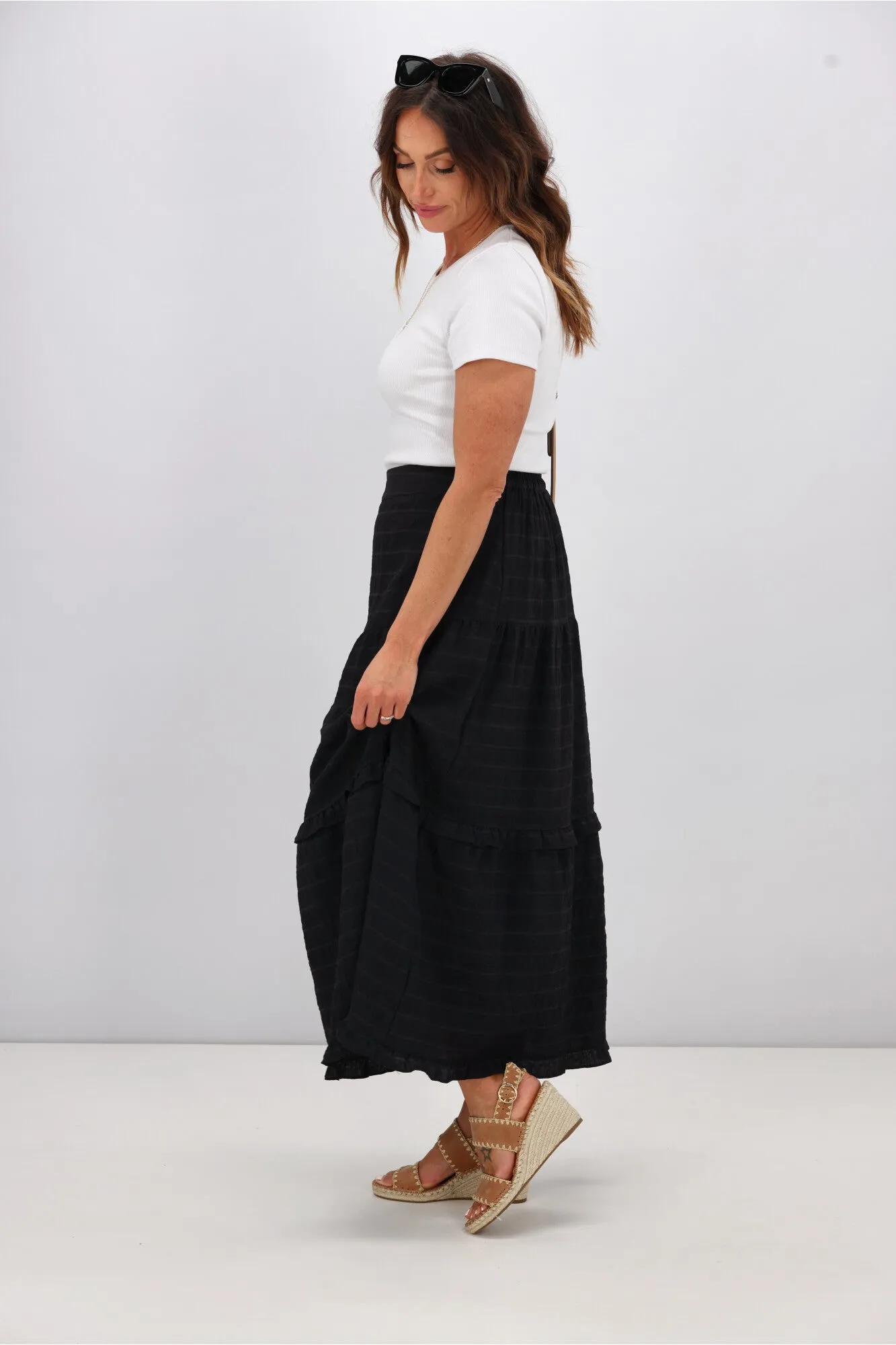 Shine On Label Zeppelin Tiered Maxi Skirt Black Check