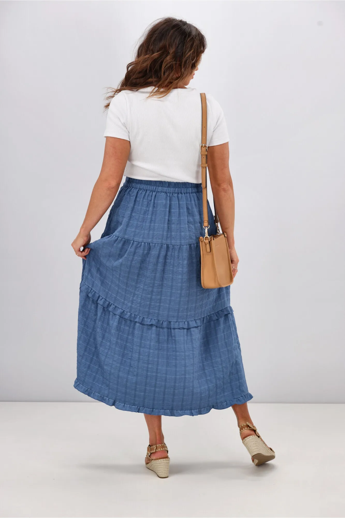 Shine On Label Zeppelin Tiered Maxi Skirt  Denim Blue