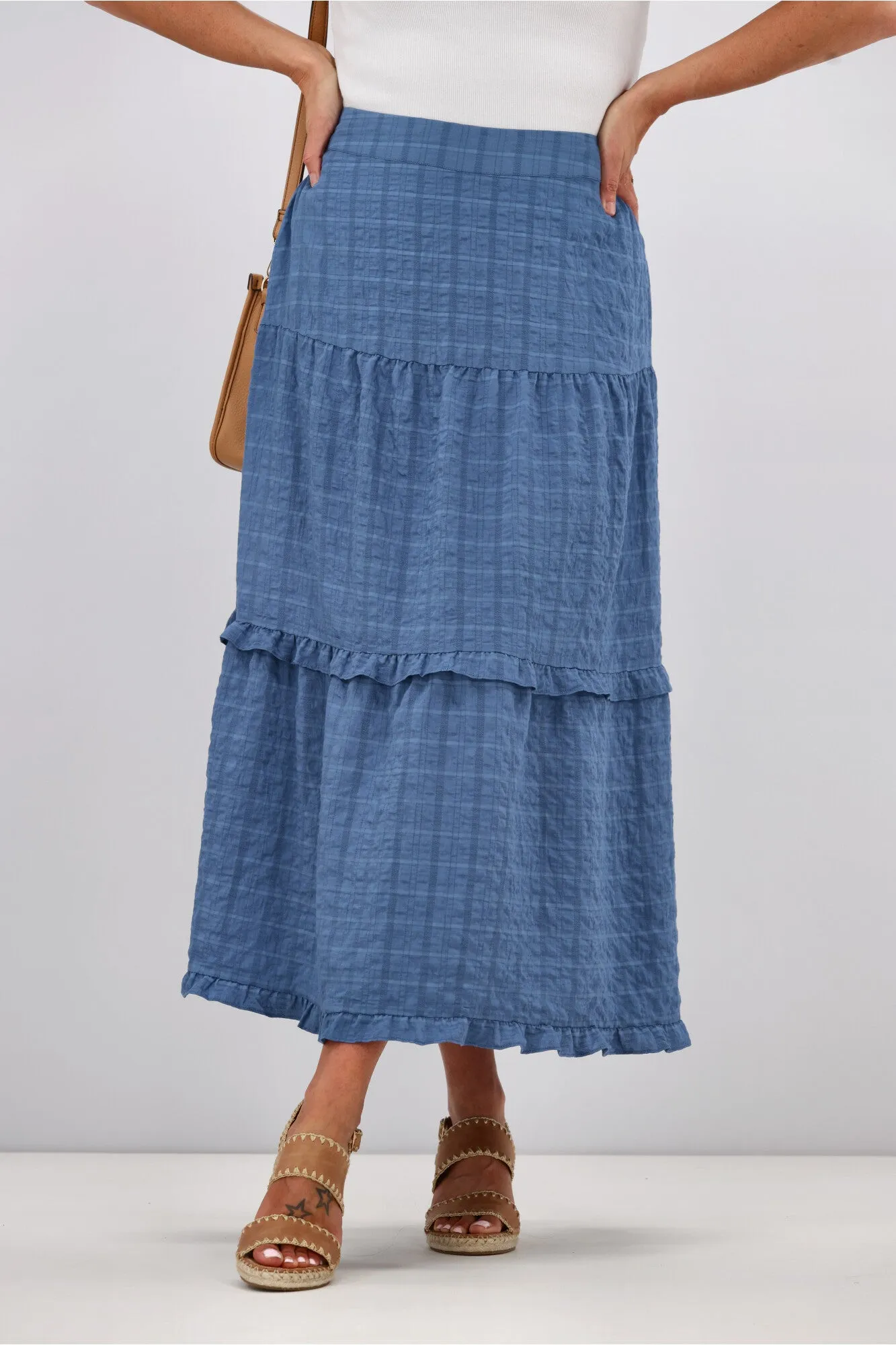 Shine On Label Zeppelin Tiered Maxi Skirt  Denim Blue
