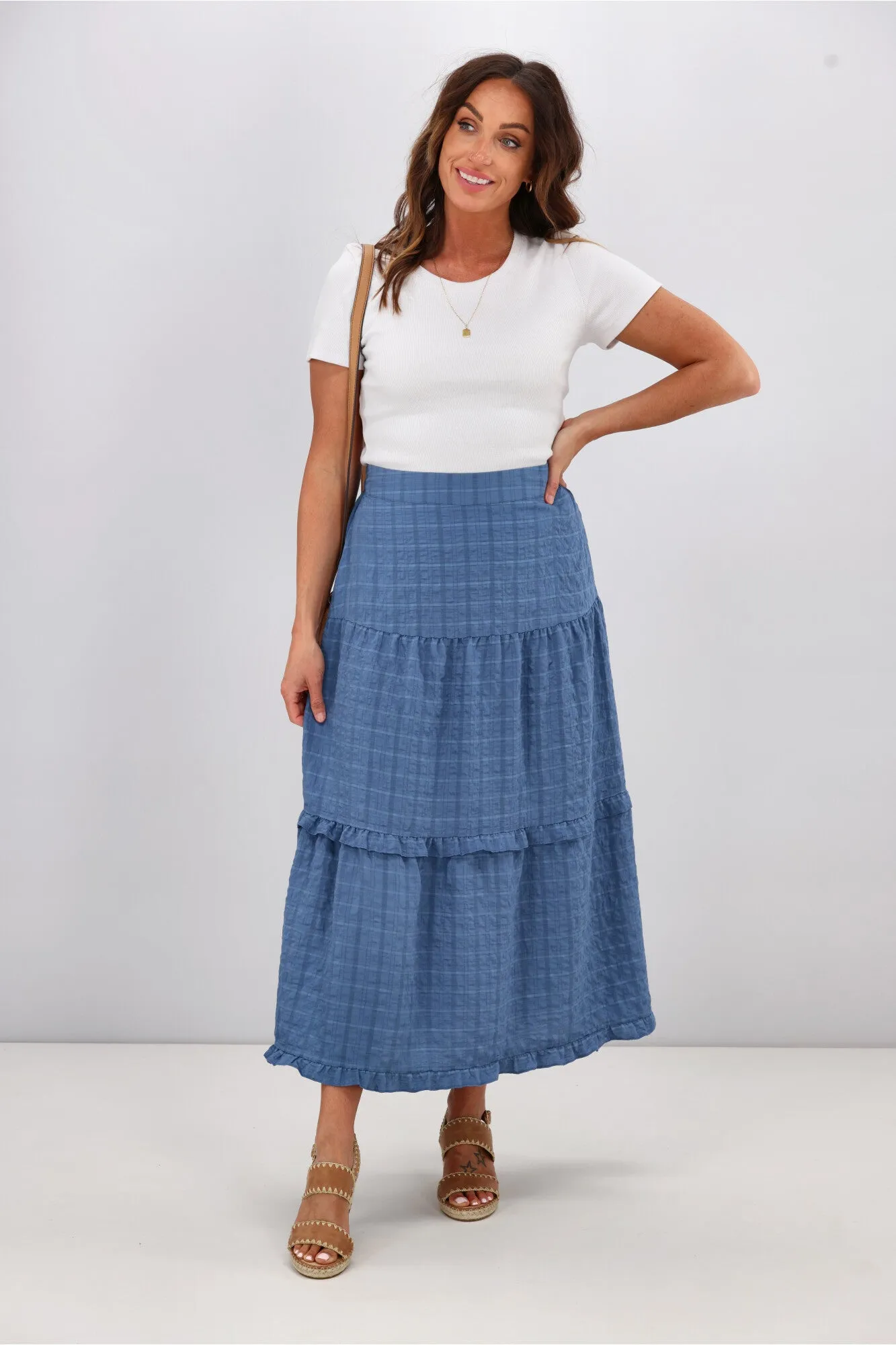 Shine On Label Zeppelin Tiered Maxi Skirt  Denim Blue