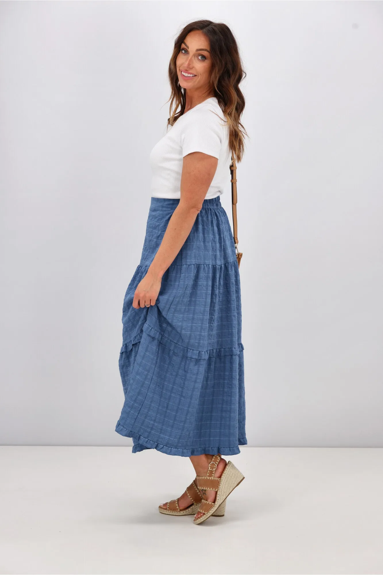 Shine On Label Zeppelin Tiered Maxi Skirt  Denim Blue
