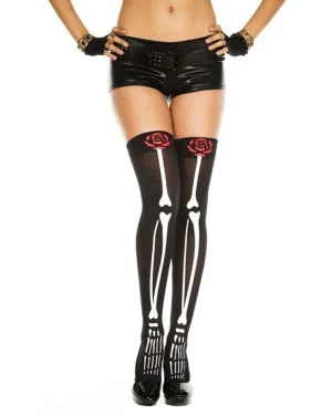 Skeleton and Rose Print Opaque Thigh High Stockings