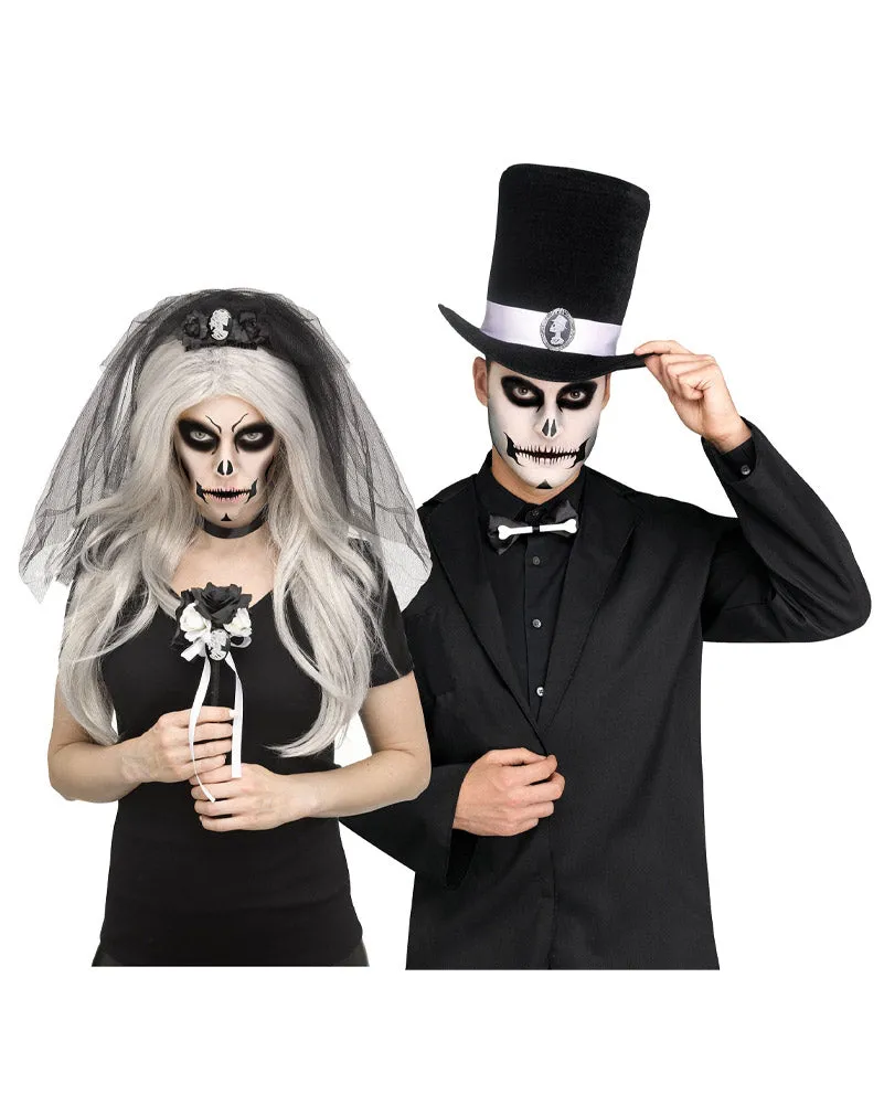 Skull Groom Collapsible Top Hat Mouth Tattoo and Bow Tie Set