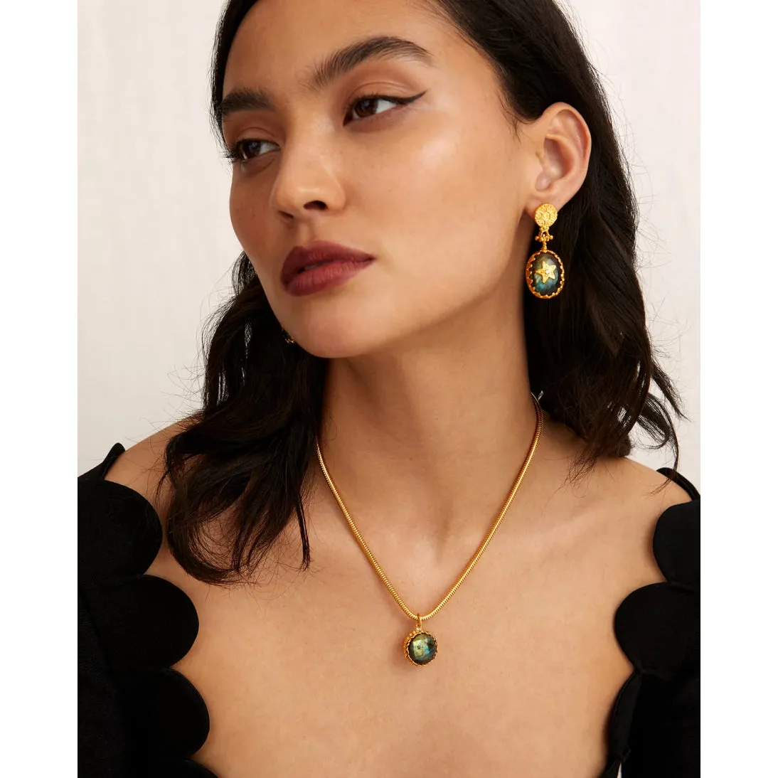 Soru Hand Made 18ct Gold Plated Solid Silver Labradorite and Crystal Night Sky Earrings
