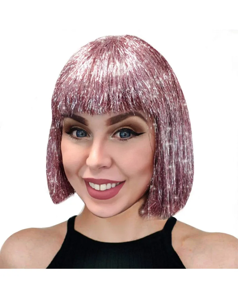 Sparkle Nation Pink Tinsel Bob Wig