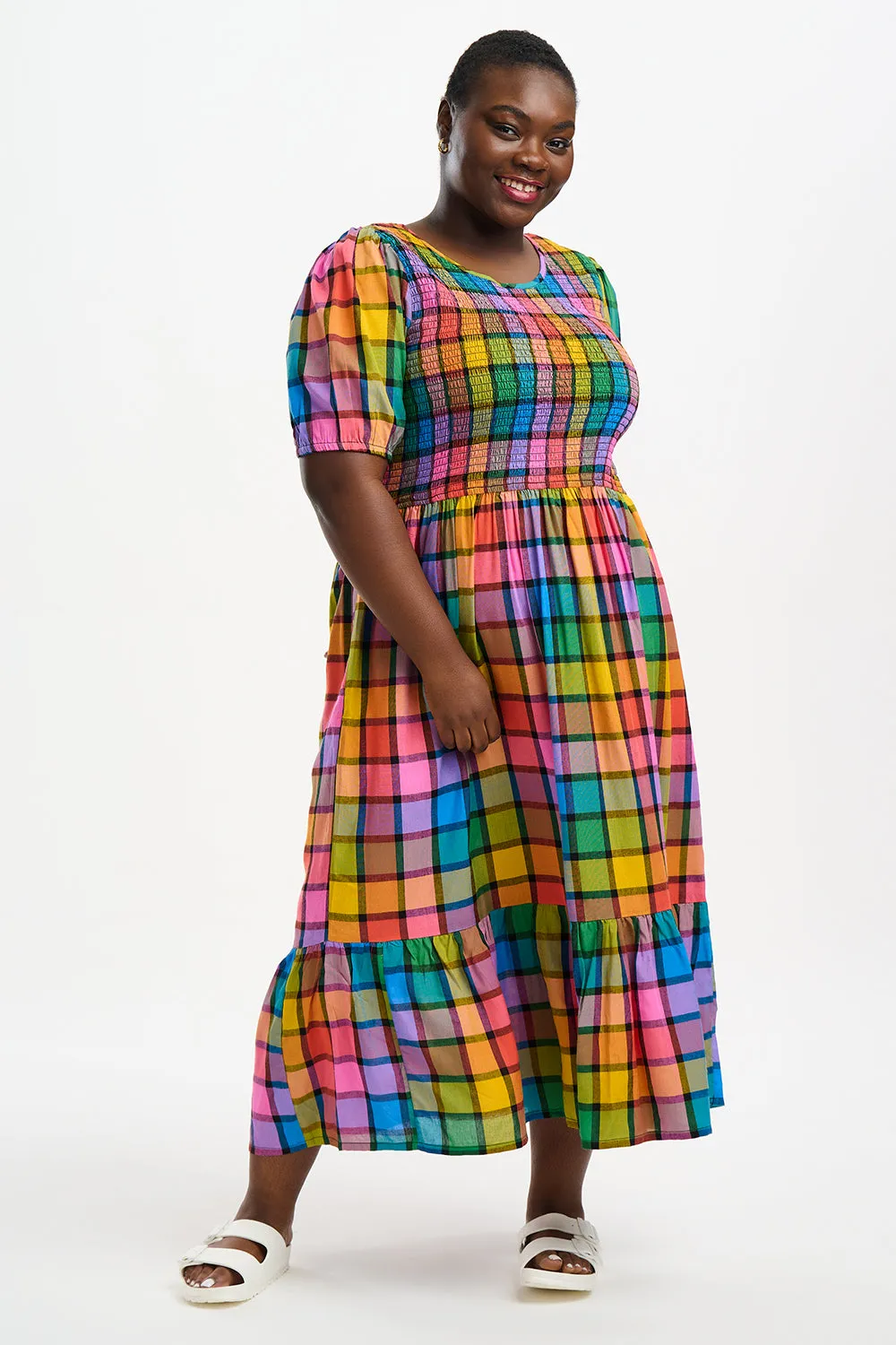 Sugarhill Yolanda Midi Shirred Dress Summer Rainbow Check Multi