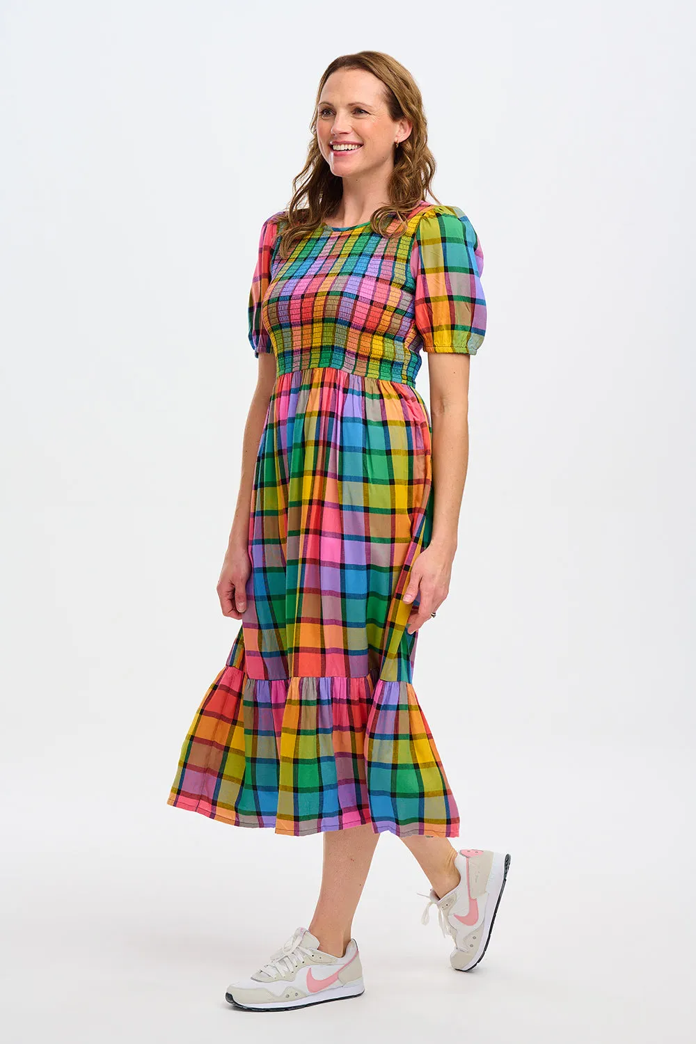 Sugarhill Yolanda Midi Shirred Dress Summer Rainbow Check Multi